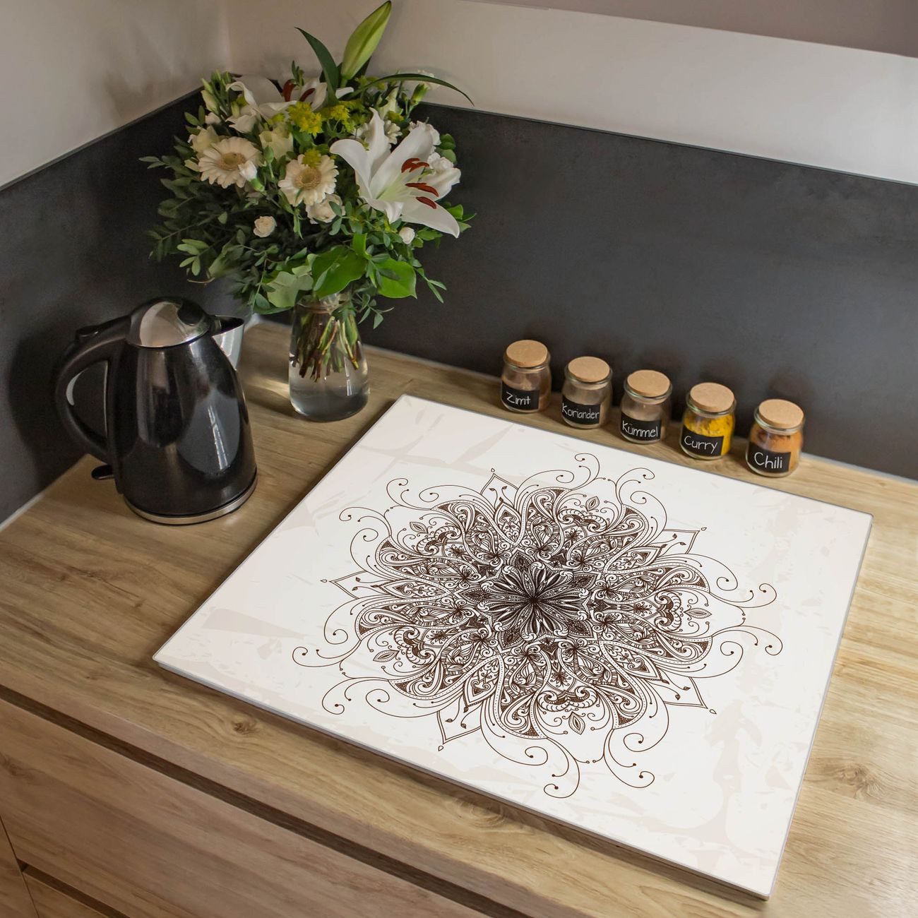 banjado Herd-Abdeckplatte einteilig aus Glas mit Motiv Mehendi, (gehärtet, 1 tlg., inkl. selbstklebende Gummifüßchen)