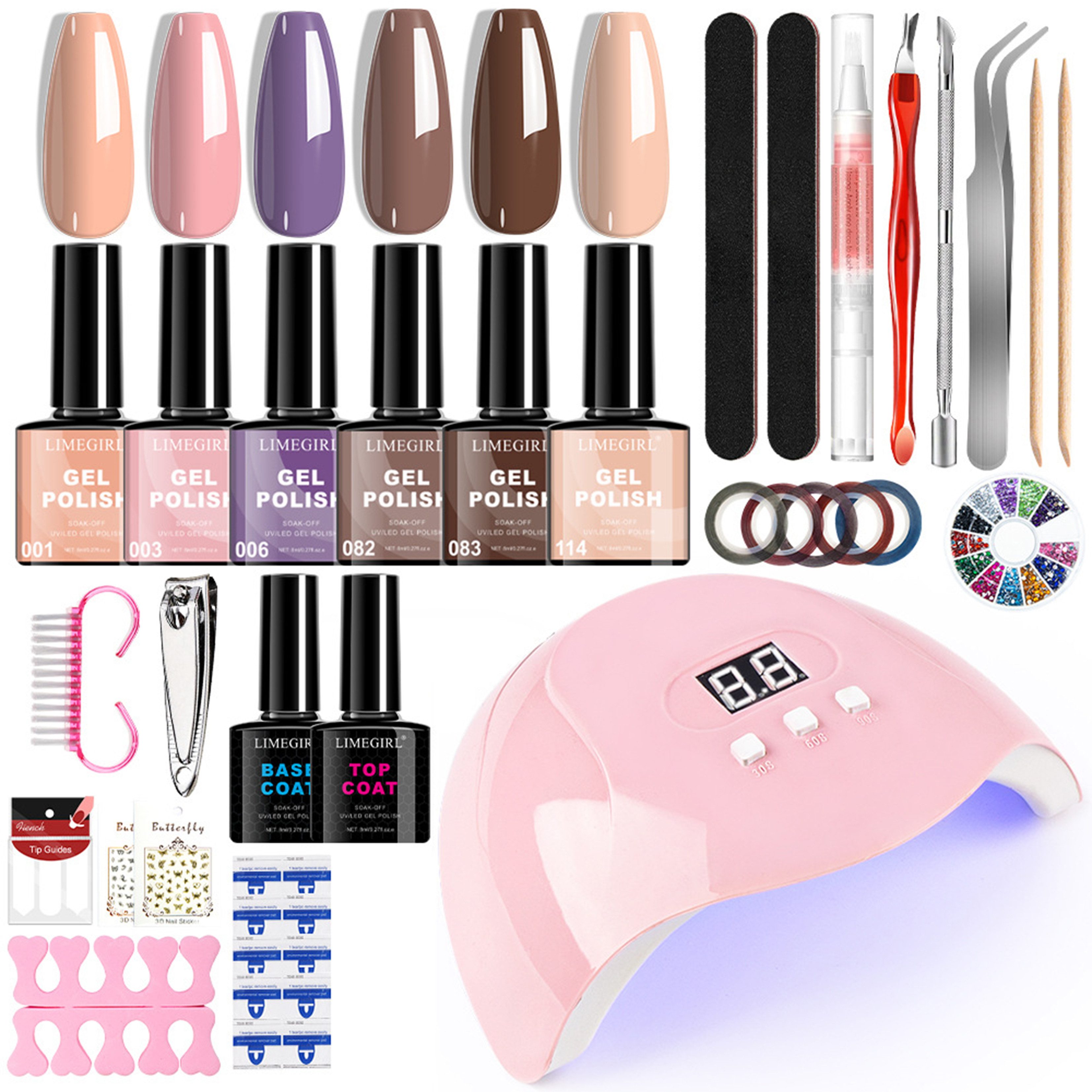 KINSI Lichthärtungsgerät Gel‑Nagellack Set mit UV‑LED Lampe| 6 Farben Gellack,Basis‑Topcoat, Nagelzubehör für Heim‑Maniküre