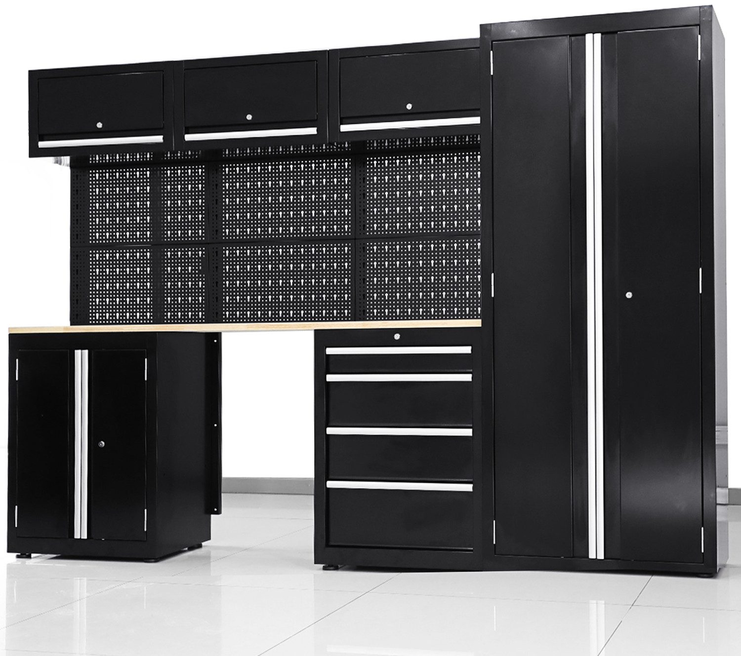 ONDIS24 Werkstatt-Set XL Komplett Set 260cm Männerküche Werkstattrichtung modular, (9-tlg), mit Holzarbeitsplatte, Werkzeugschränke, Werkbank mit Schubladen