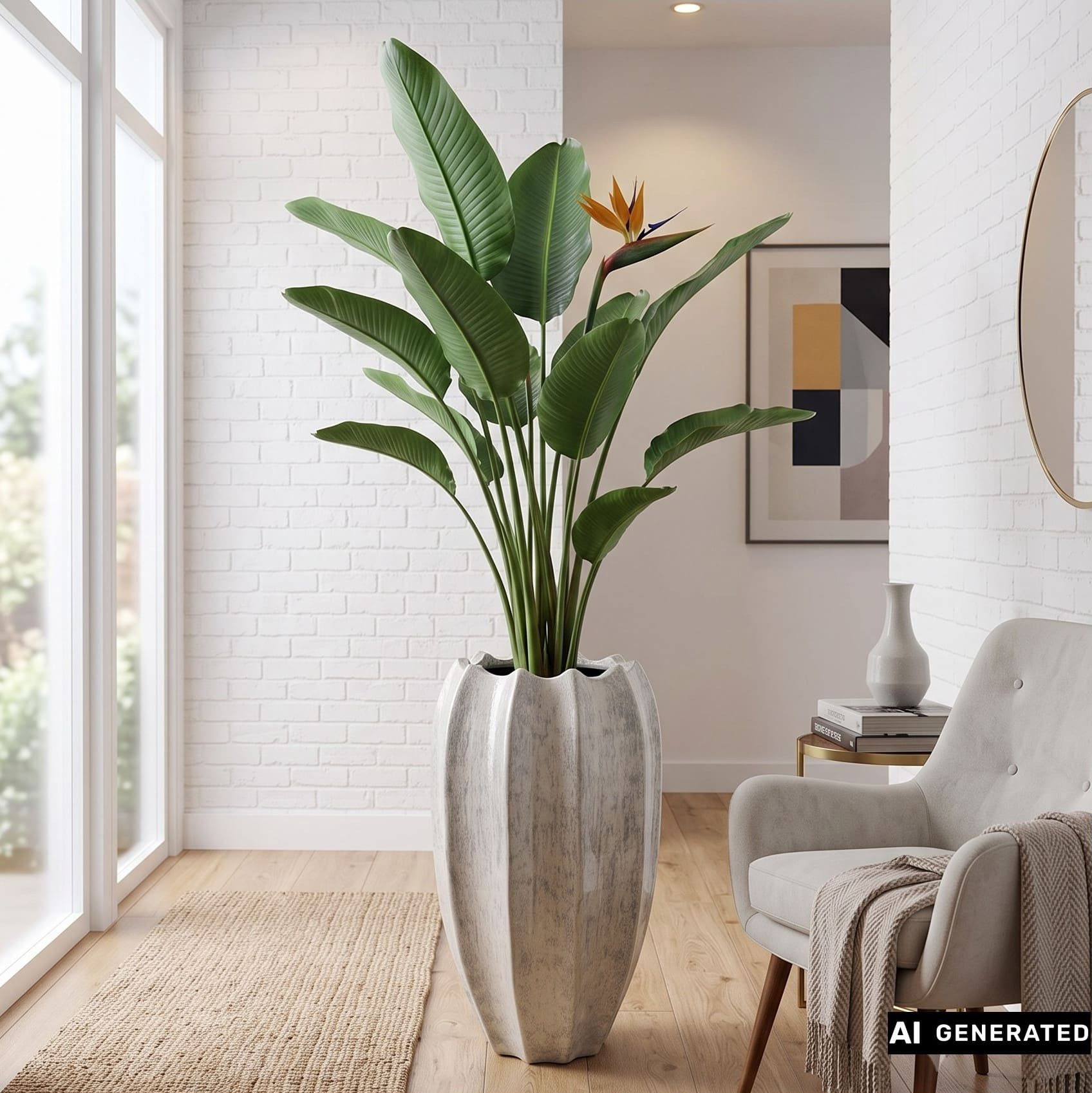 Dekoleidenschaft Übertopf "Beige" aus Polystein, glänzend lackiert, 67 cm groß, mit Blumentopf, Pflanztopf, Blumenkübel, Pflanzgefäß, Blumenübertopf