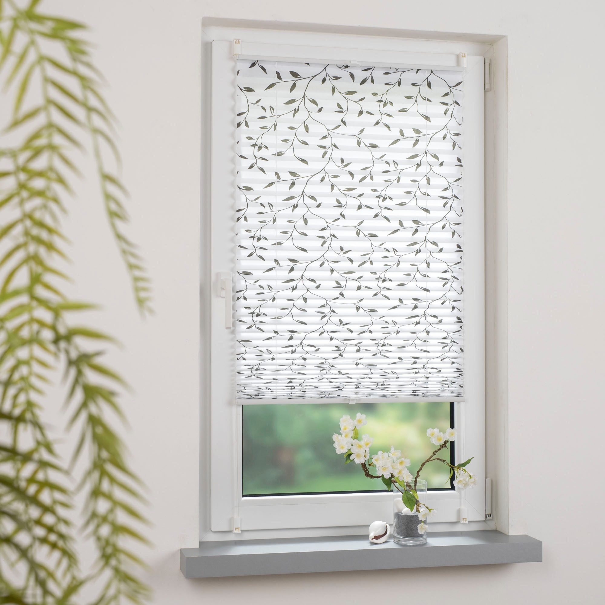Liedeco Plissee Klemmfix-Plissee verspannt, Druck Blätter, blickdicht, ohne Bohren, verspannt, Klemmfix, Bedrucktes Plissee mit Blattmotiv