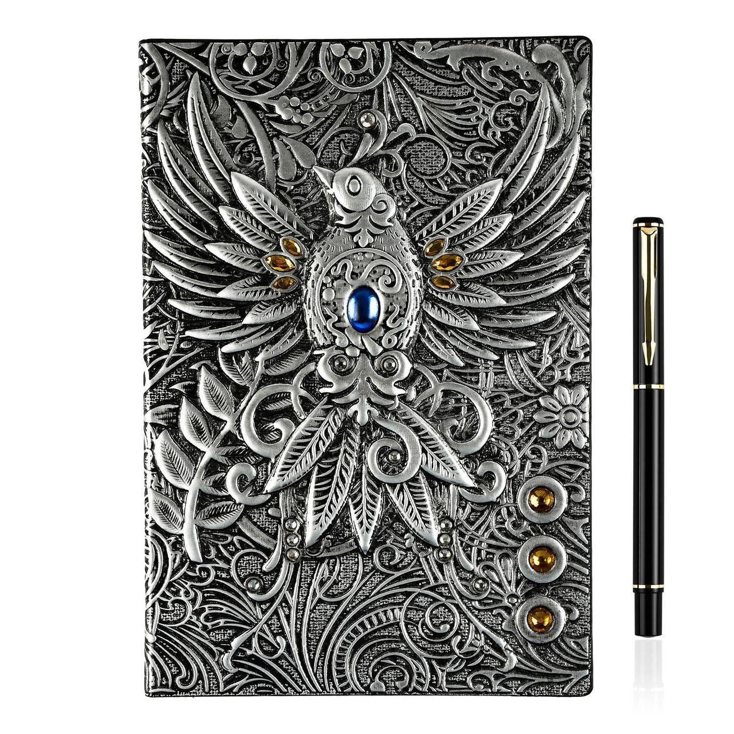 LuxusKollektion Reisetagebuch Notizbuch A5 Vogel 3D Geprägt Vintage Silber in Lederoptik