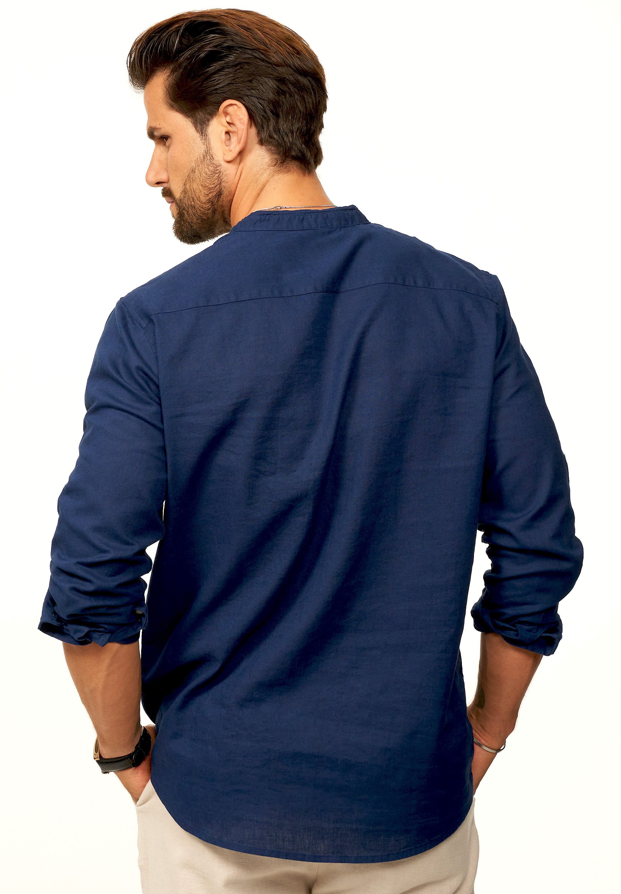 behype Langarmhemd aus Leinen im Regular-Fit Sommerhemd Herren Leinenhemd Freizeithemd mit Stehkragen & Krempelfunktion – Bild 5 von 5
