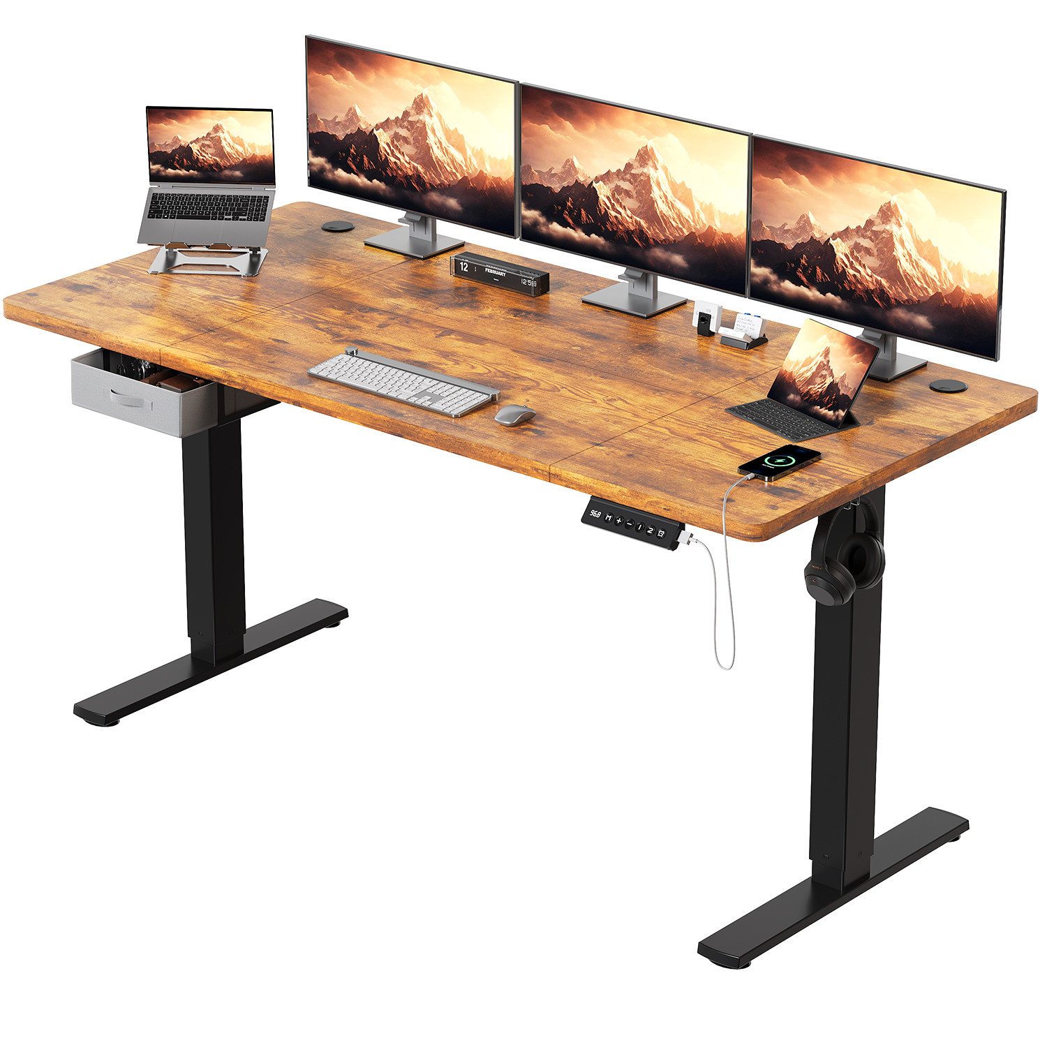 HOMALL Schreibtisch mit Memory-Funktion, höhenverstellbar, breitere Tischplatten (Tischbreite 140/160/180*80 cm, mit Schublade, ausgestattet mit USB-Ladeanschluss, bestehend aus vier Platten)