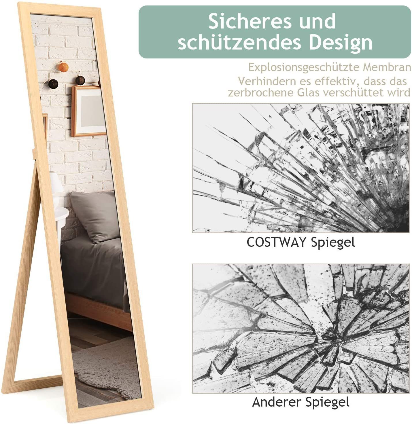 COSTWAY Ganzkörperspiegel, mit klappbarem Holzrahmen, stehend/hängend 37x155cm