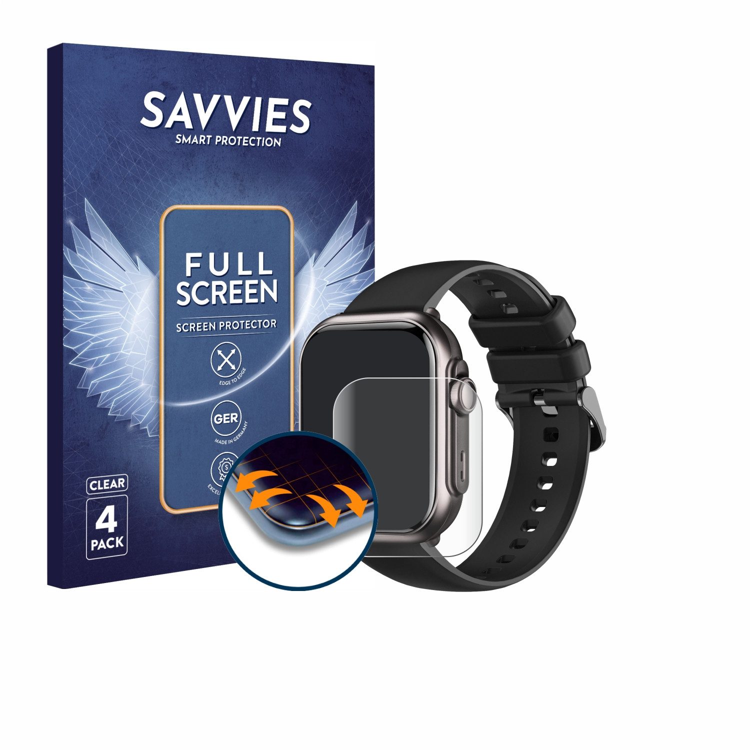 Savvies Displayschutzfolie Fullscreen Schutzfolie für Fosmet Smartwatch 1.83", 4 Stück, Displayschutz Folie Fullcover Klar Transparent