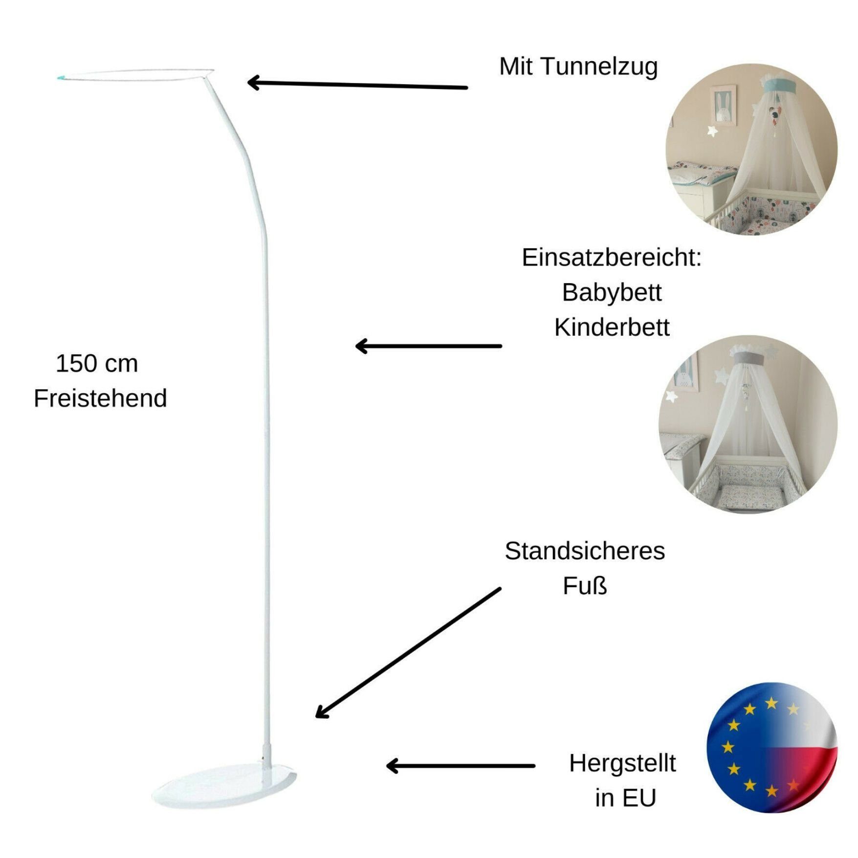Babymajawelt Himmelstange Himmelstange 4871 Freistehend weiß Babybett Himmelhalter, geklemmt, Standsicher, Höhe 150cm, Made in EU