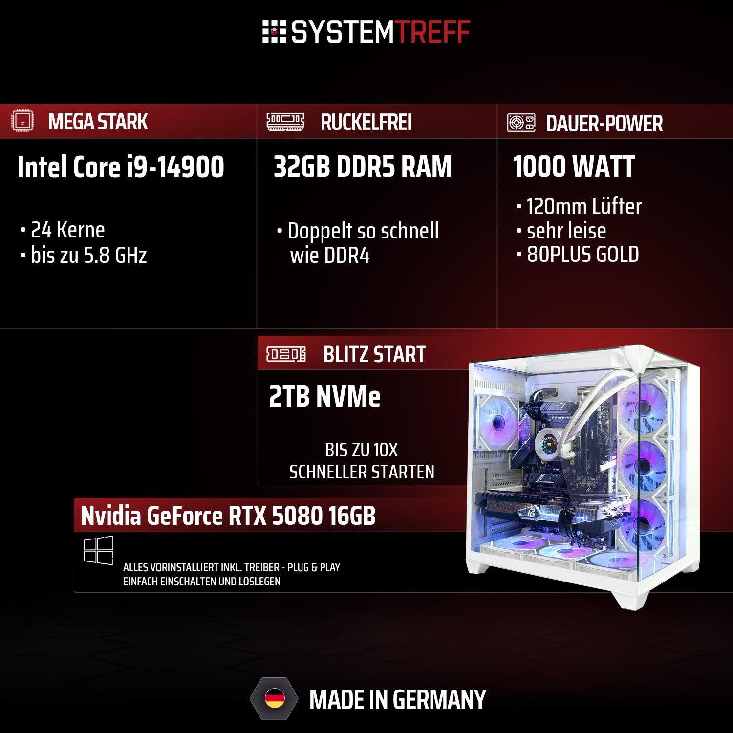 SYSTEMTREFF Intel Core i9-14900 mit Nvidia GeForce RTX 5080 16GB Gaming-PC (Intel 14900 14900, Nvidia GeForce RTX 5080, 32 GB RAM, 2000 GB SSD, Wasserkühlung)