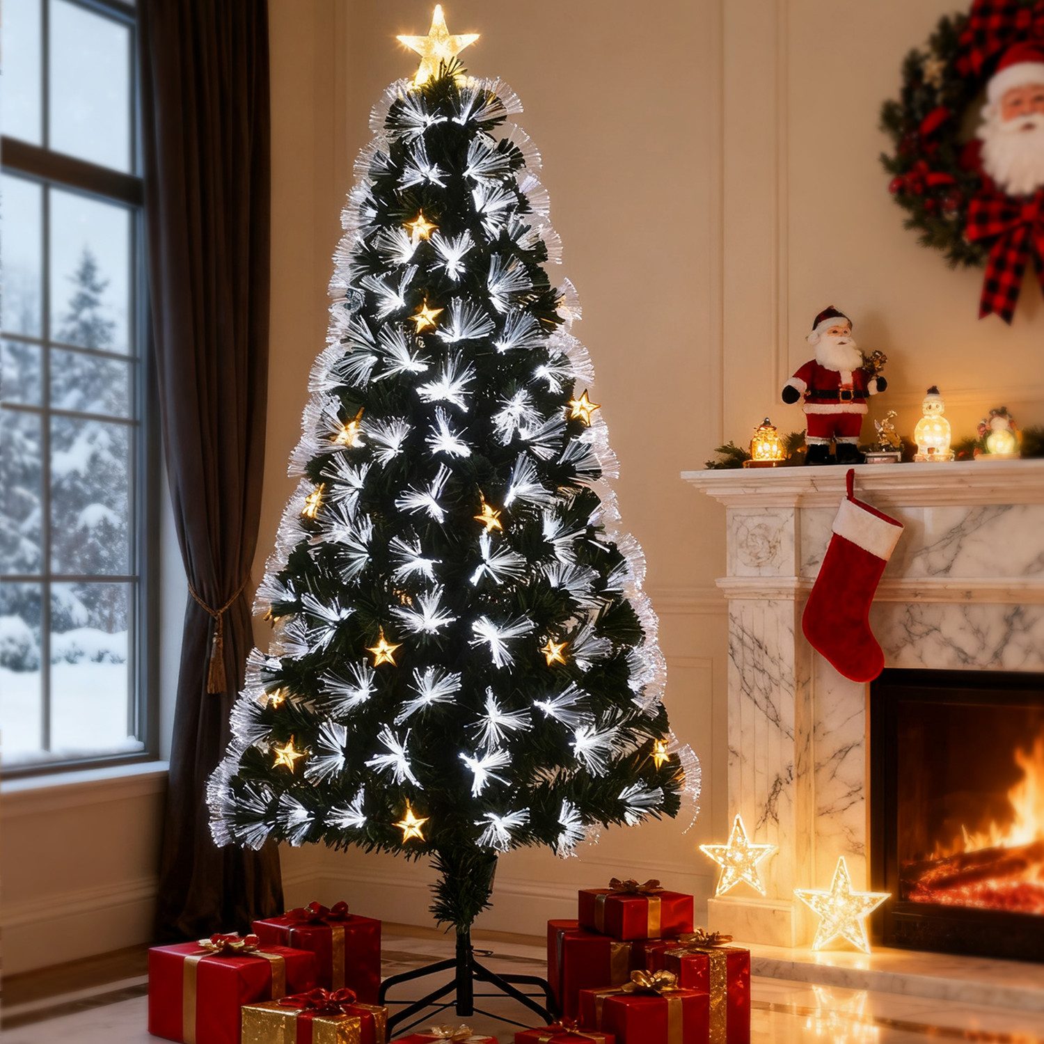oyajia Künstlicher Weihnachtsbaum Künstlicher Weihnachtsbaum, dichter Tannenbaum zu Weihnachten, 90 cm Baum mit LED & Faseroptik, Strahlende Farben, moderne Optik
