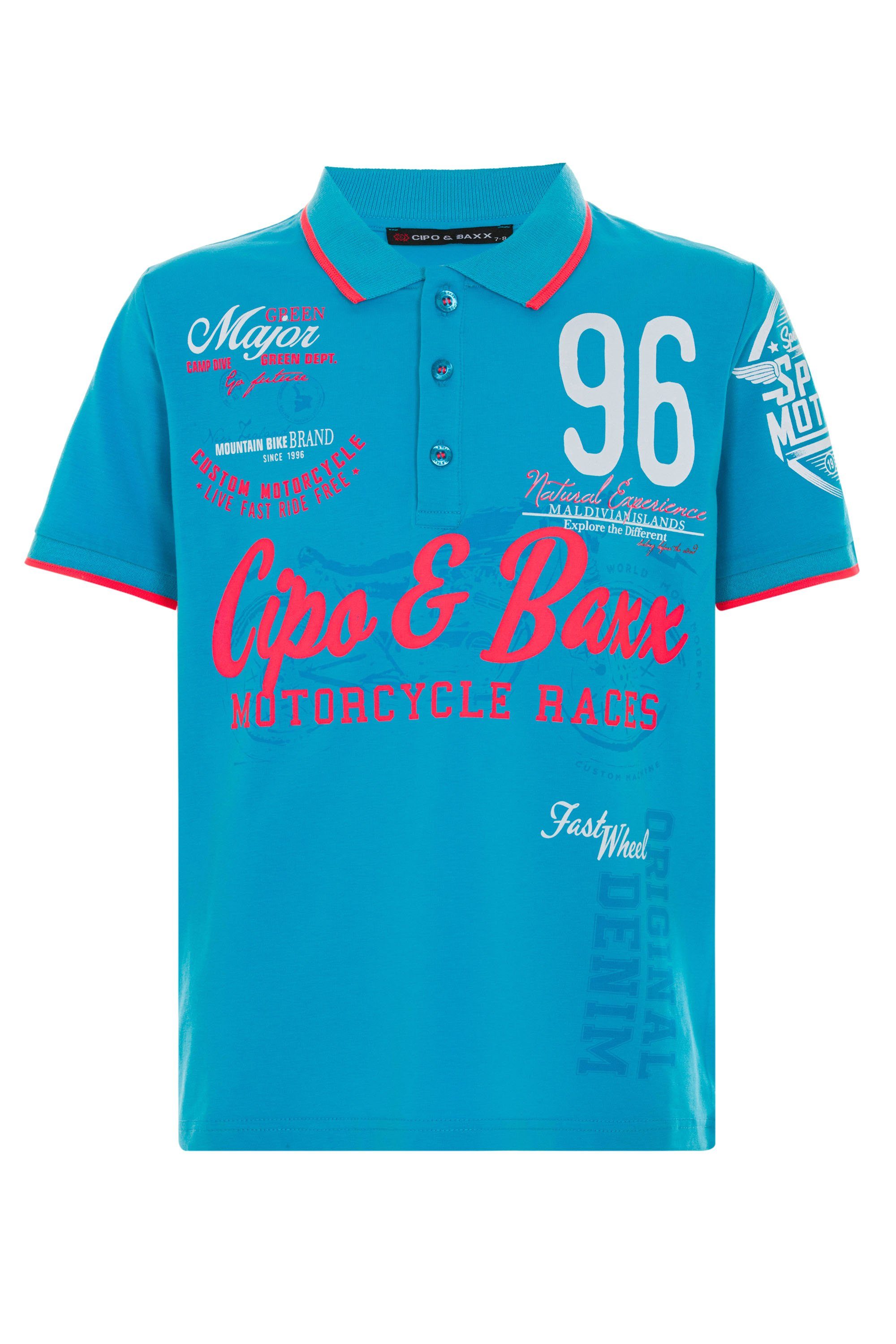 Cipo & Baxx Poloshirt mit türkis Motorsport-Prints trendigen
