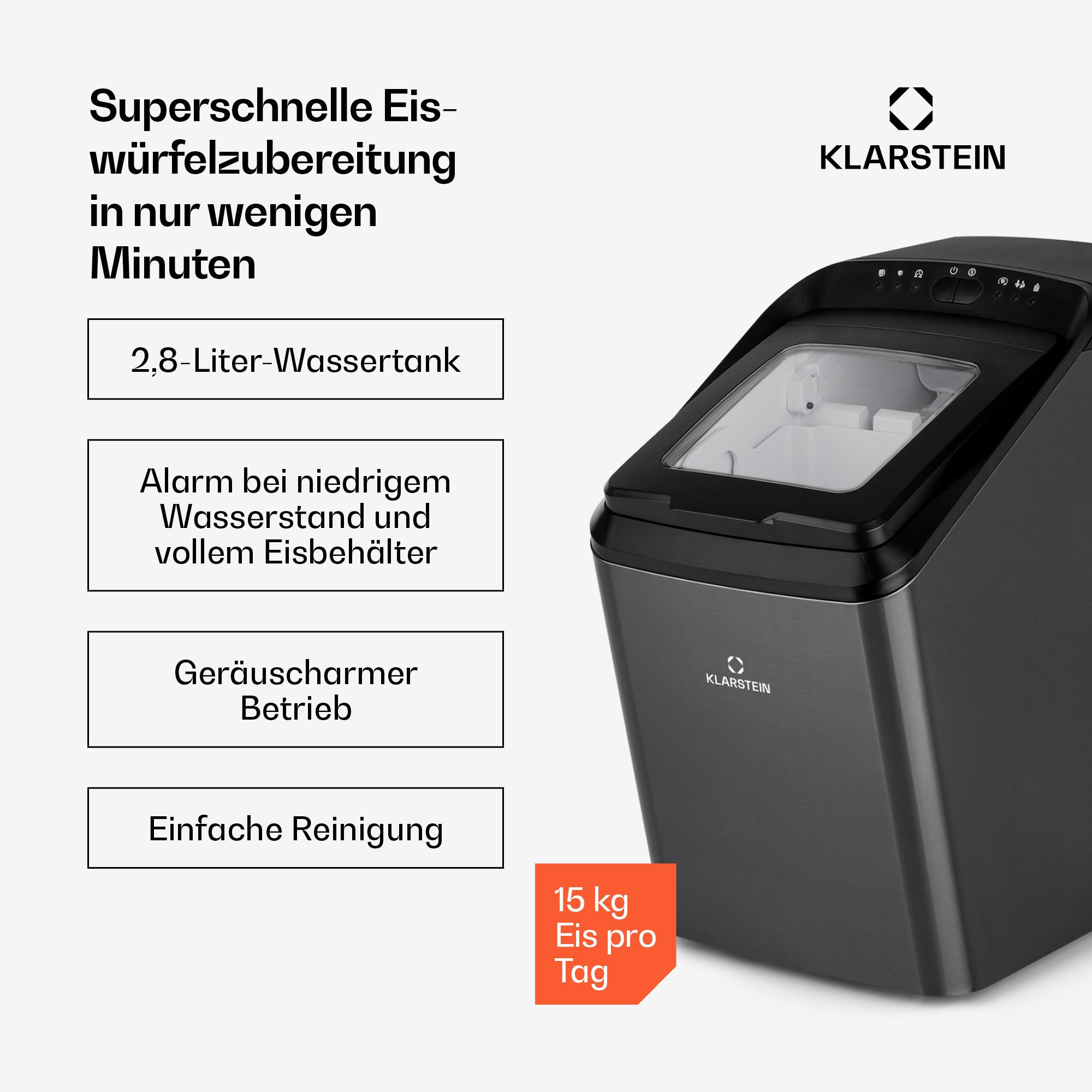 Klarstein Eiswürfelmaschine Partytime Eiswürfelmaschine Klareis 15 kg/24h Edelstahl 2 Würfelgrößen, Eiswürfelbereiter Ice Cube Maker Klareis mit 2 Größen – Bild 3 von 5