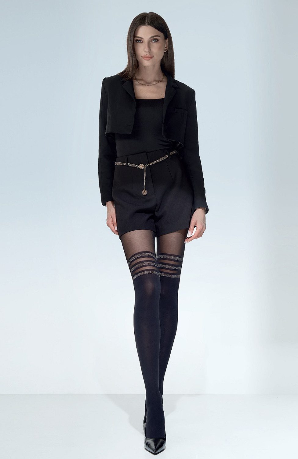 NOQ by Knittex Feinstrumpfhose Fantasy by night (Packung 1 St. 1 Paar) Feinstumpfhose Overkneelook 50DEN mit silbernen Streifen