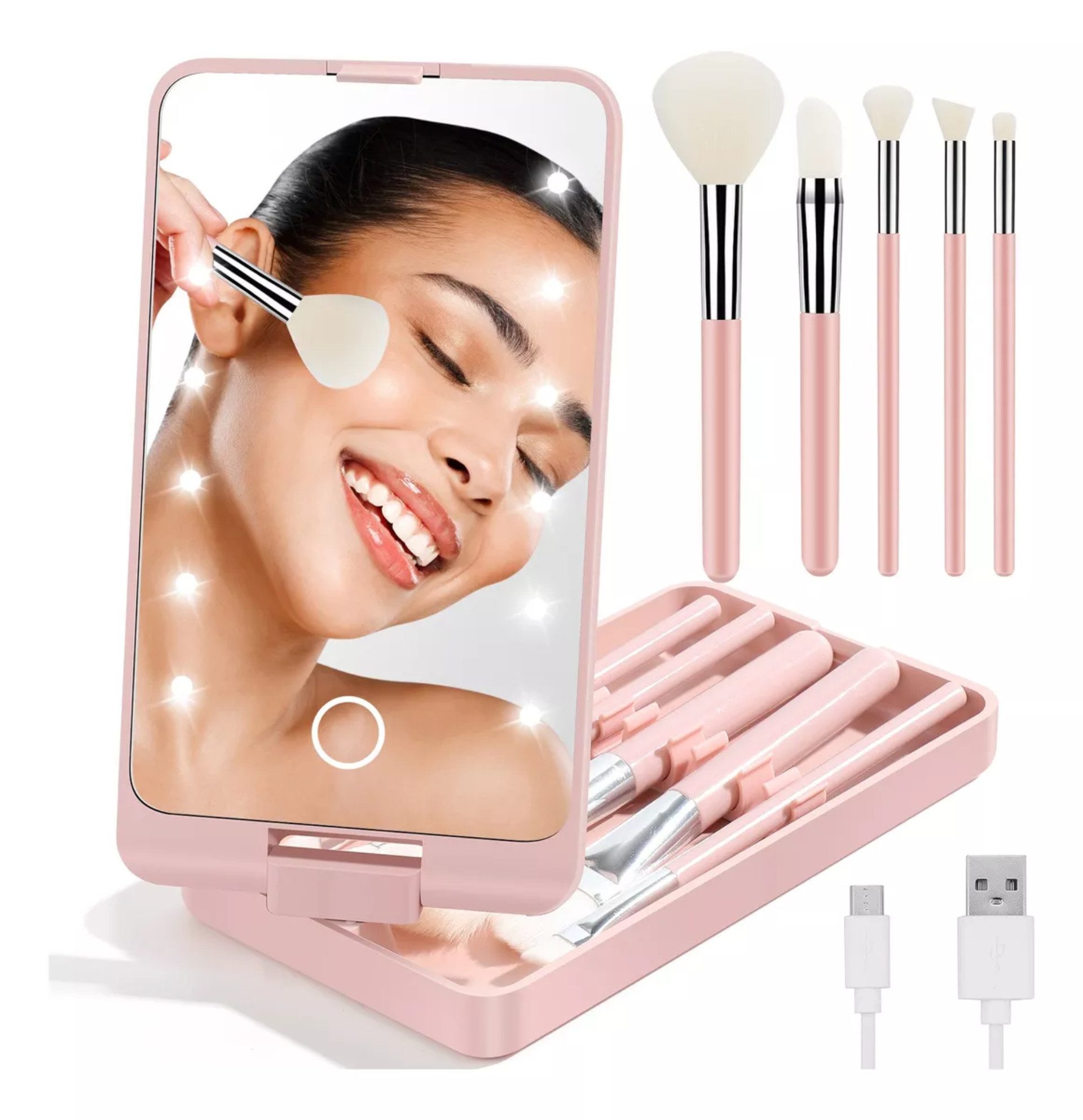 ibettertec Schminkspiegel Kosmetikspiegel LED Schminkspiegel mit Beleuchtung, 5 Make-up-Pinseln (Touch-Sensor, USB-Ladefunktion, Reise Kosmetikspiegel, Kosmetikspiegel mit Licht, LED Spiegel), 360°-Drehfunktion