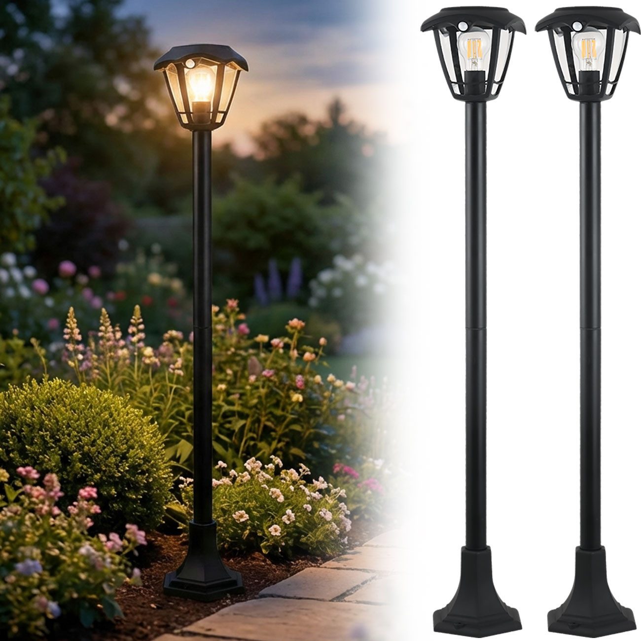 shop'n smile ideoon LED Gartenleuchte Solar LED-Gartenlaterne 111,5cm PIR-Bewegungssensor 90°&6m Außenlampe, E27 Filament-LED, (austauschbar, bis zu 300 Lumen), warmweiß, Ø 16,6 x H 111,5cm/3 Lichtmodi/Li Ion Akku 1800mAh/IP44/kabellos