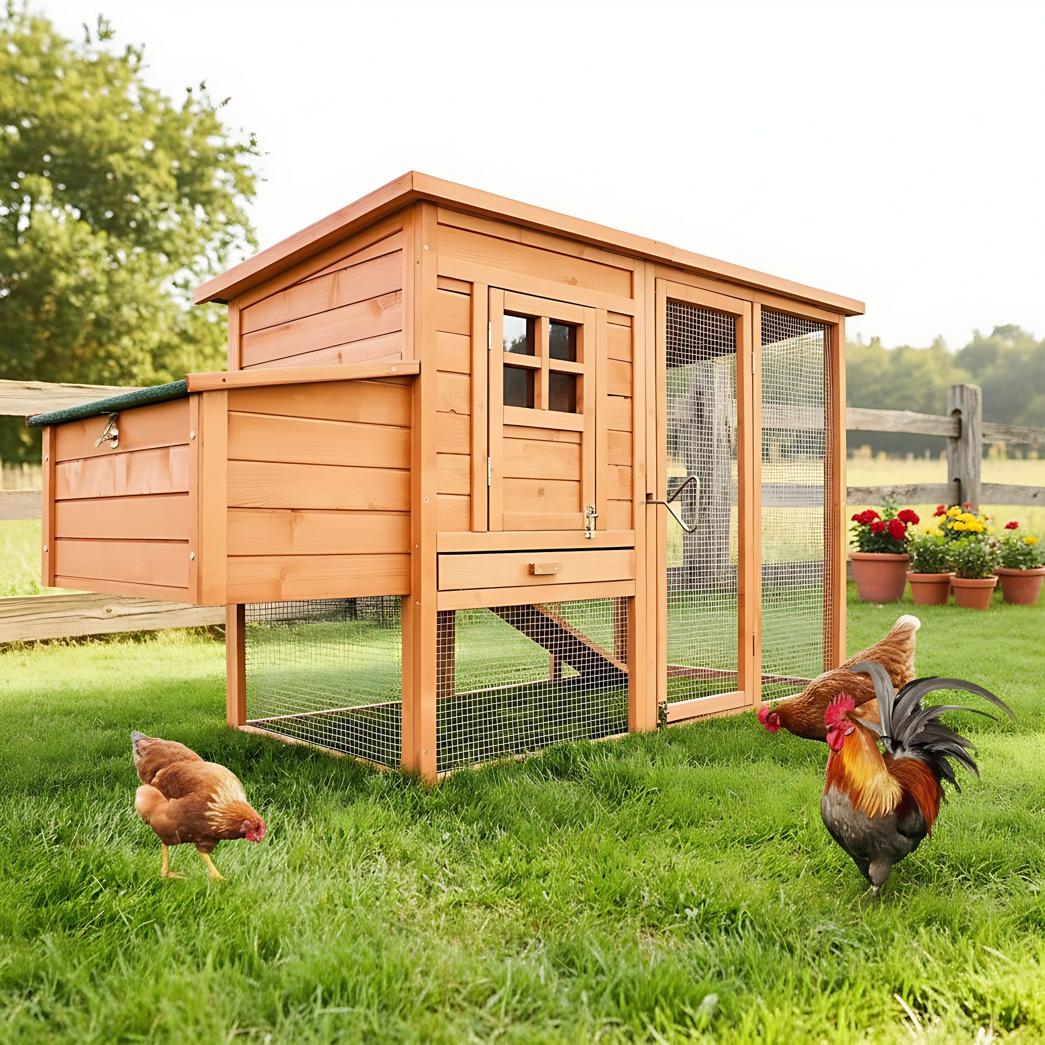 Zooprinz Hühnerstall Modell XXL mit Klappdach und Freilaufgehege, 182x103x75 cm (BxHxT), Bitumendach, Nistkasten