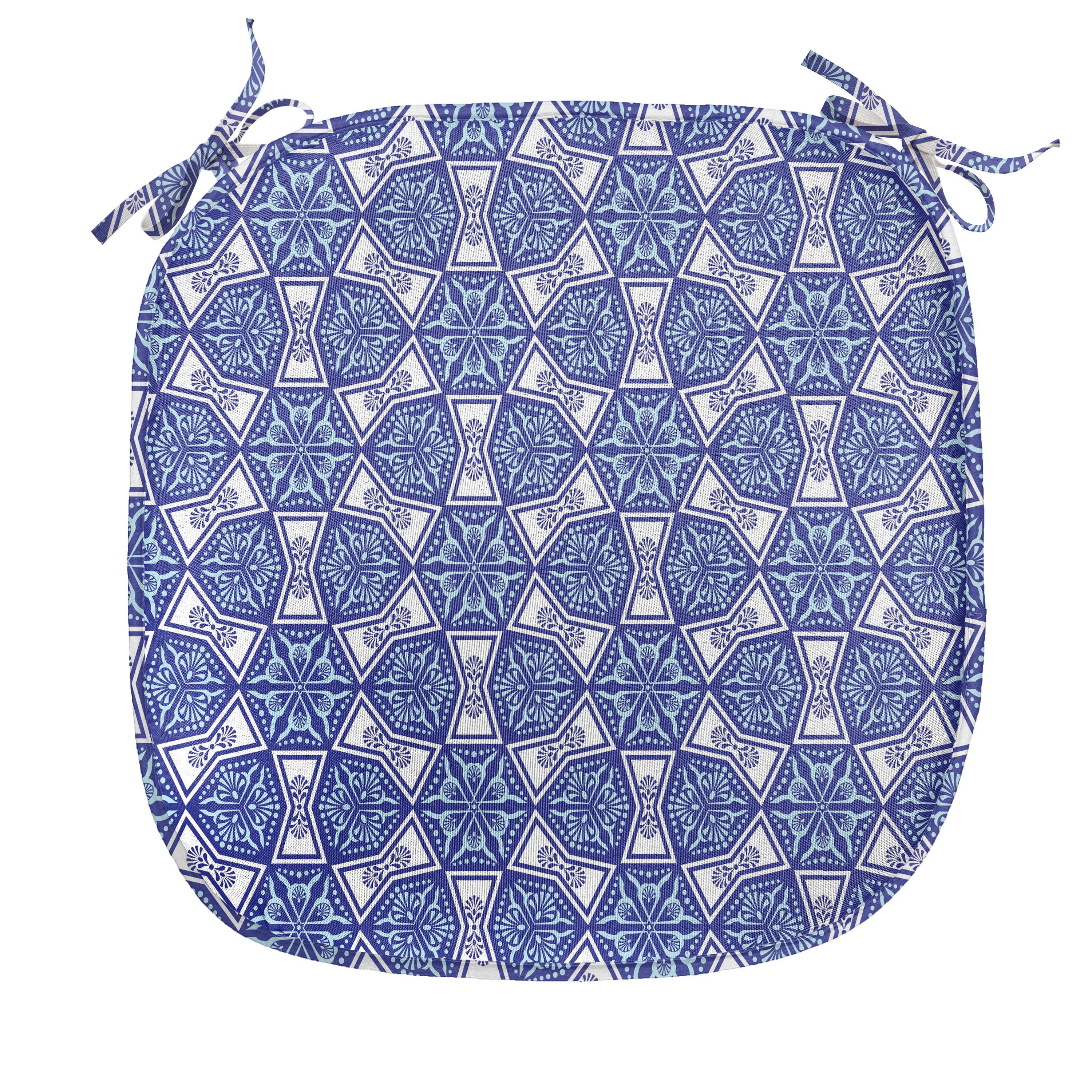 Abakuhaus Stuhlkissen Dekoratives wasserfestes Kissen mit Riemen für Küchensitze, Blau Indigo Floral Geometrisch | Stuhlkissen