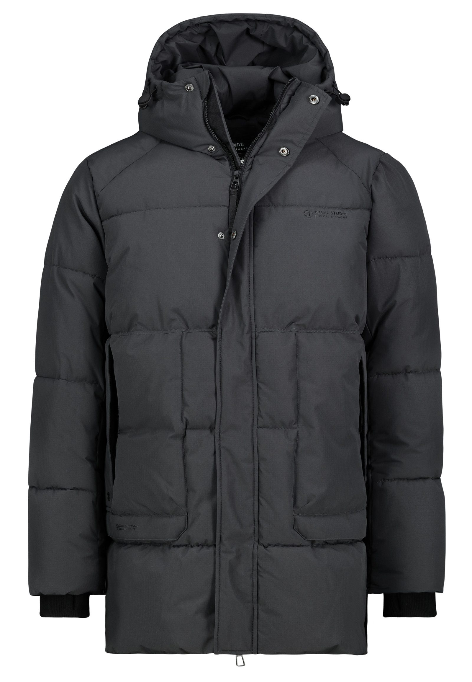 SUBLEVEL Winterjacke Frontzipper Druckknopfblende Steppung für Herren (1-St) Kapuze mit Kordelzug, Pattentaschen, Rippbündchen, Logo