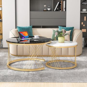 BlingBin Satztisch Couchtisch (Satz von 2, Marmor Furnier Sofa Seite Nest von Tischen), Goldene Farbe Frame, 70×70×45cm und 45×45×40cm