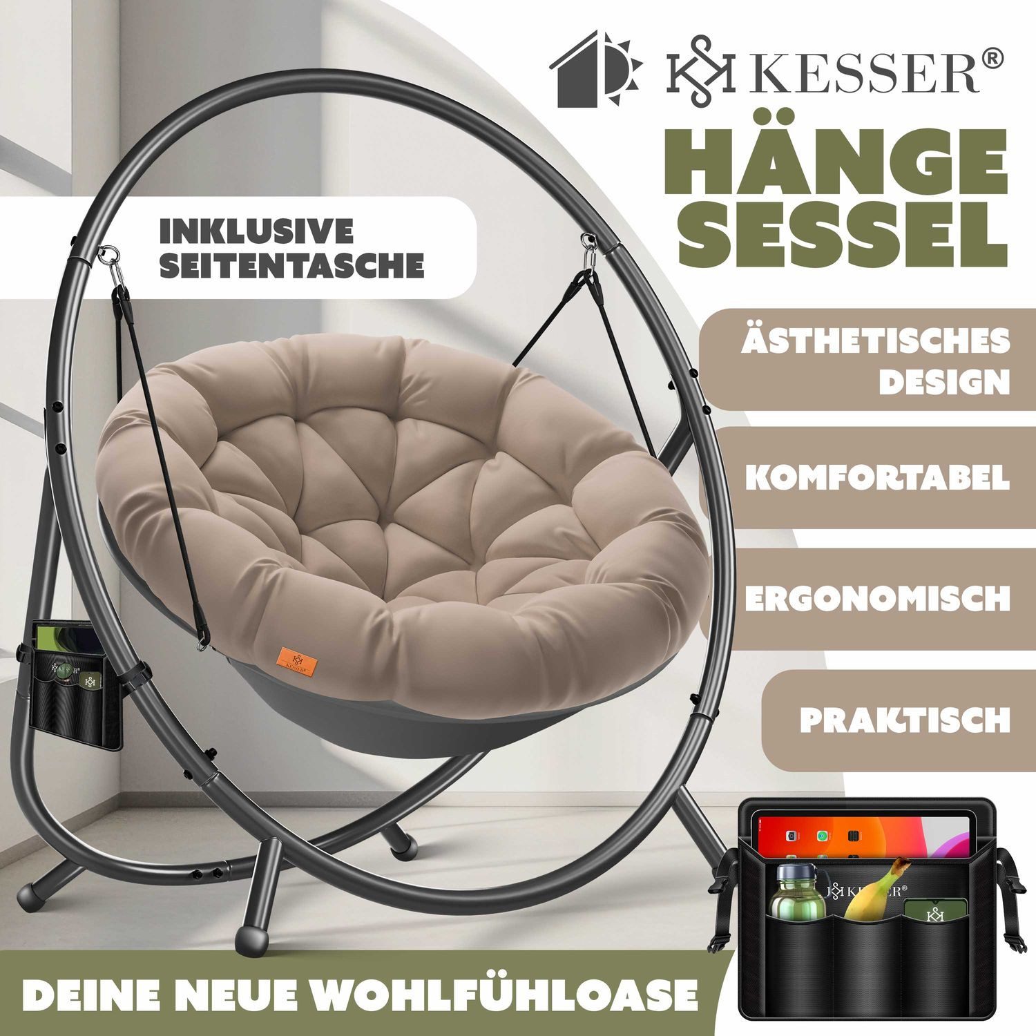 KESSER Hängesessel Bali Hängesessel mit Gestell Hängeschaukel Hängestuhl bis 150kg (mit Wipp Funktion, Kissen & Seitentasche), Hängekorb Stahlgestell Schaumstoff Sitzpolster für Wohnzimmer & Garten