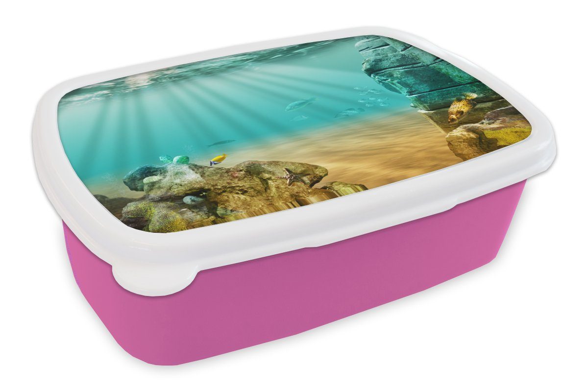 MuchoWow Lunchbox Meer - Fisch - Wasser, Kunststoff, (2-tlg), Brotbox für Erwachsene, Brotdose Kinder, Snackbox, Mädchen, Kunststoff rosa