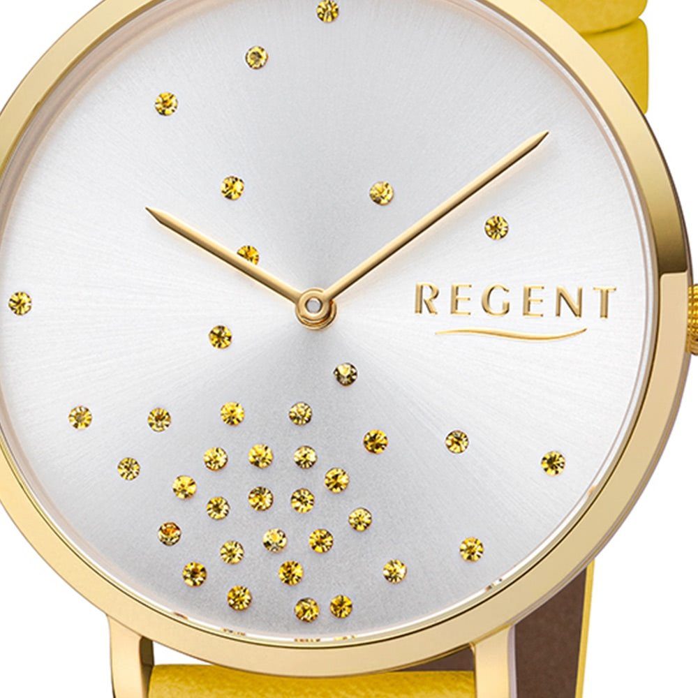 Damen Uhren Regent Quarzuhr URBA600 Regent Damen Uhr BA-600 Leder Armbanduhr, Damen Armbanduhr rund, Lederarmband gelb