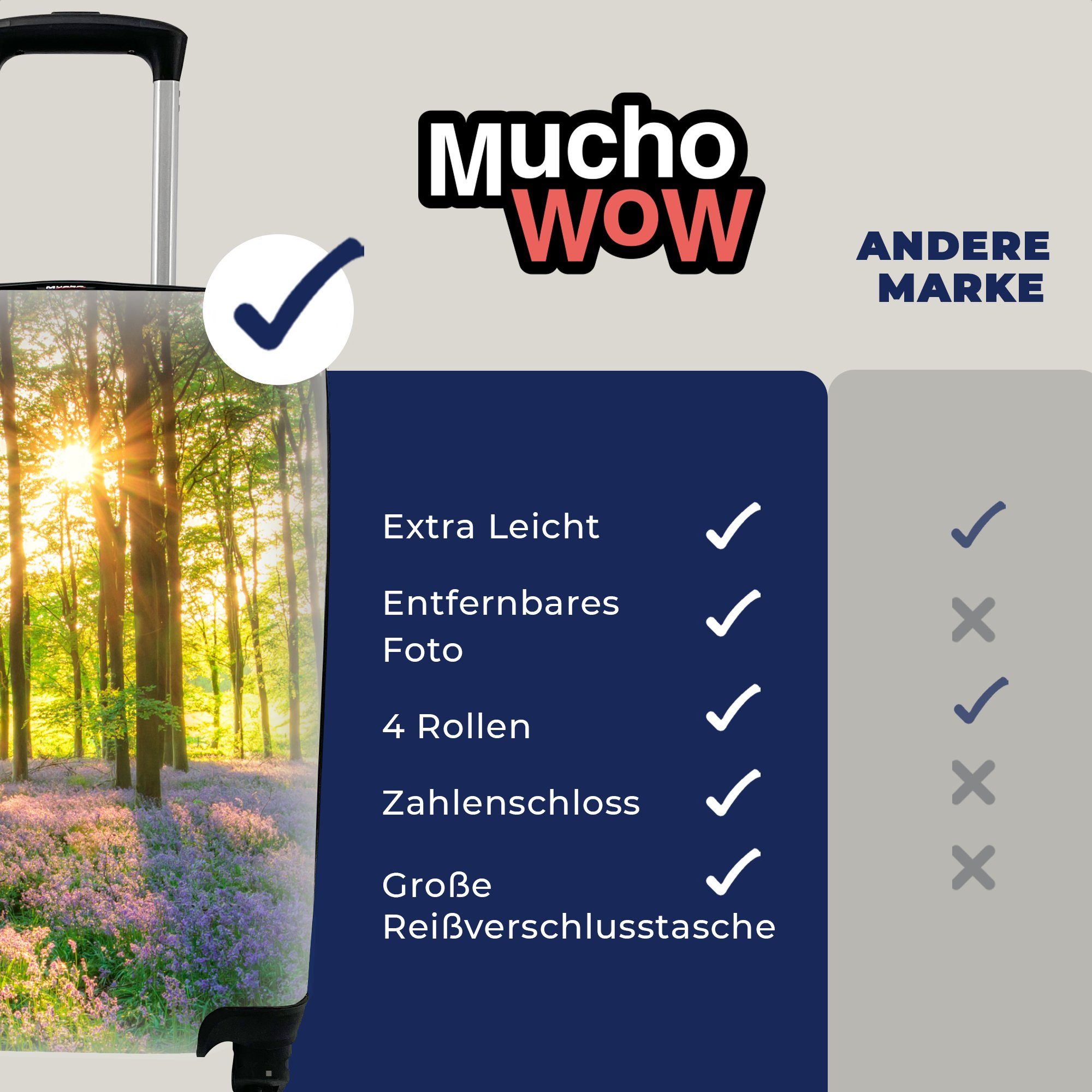MuchoWow Handgepäckkoffer Frühling - rollen, für 4 Handgepäck mit Ferien, - Reisekoffer Rollen, Reisetasche Trolley, Wald Sonne