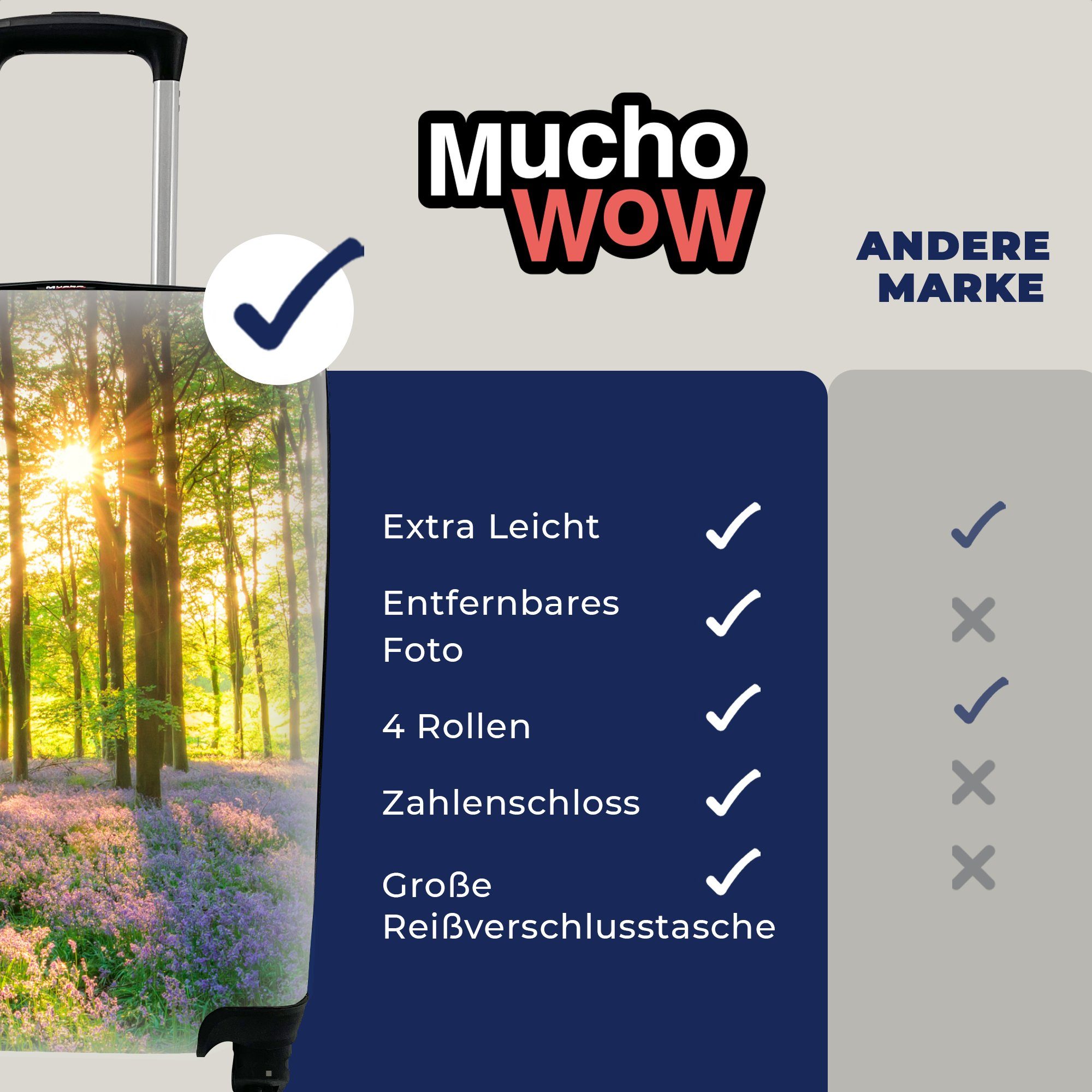 Frühling Rollen, 4 MuchoWow Wald mit Trolley, Reisekoffer - Reisetasche Handgepäck Sonne, - Ferien, rollen, für Handgepäckkoffer