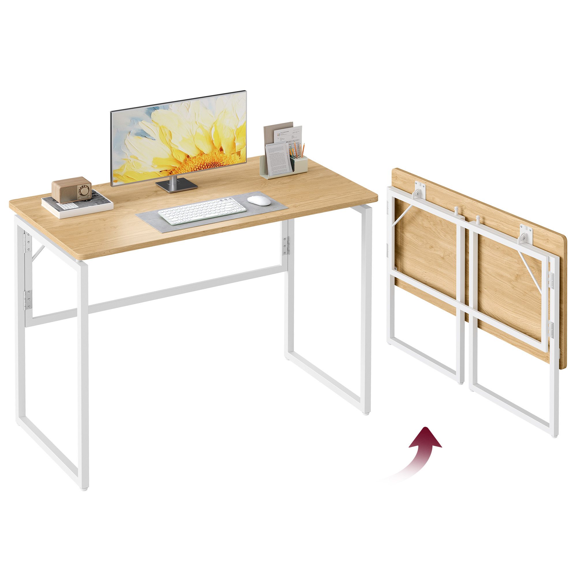 VASAGLE Schreibtisch Klapptisch, kleiner Schreibtisch klappbar, Computertisch, Tischplatte aus einem Stück, abgerundete Ecken, Tisch