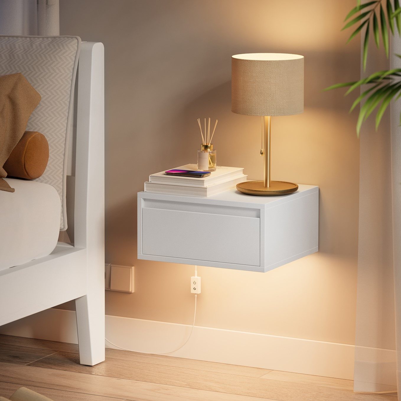 VASAGLE Nachttisch hängend, Leuchte mit 3 Farben, schwebendes Wandregal, Schublade (1-St), 1er-Set, 35 x 40 x 18 cm, für Wohnzimmer und Schlafzimmer