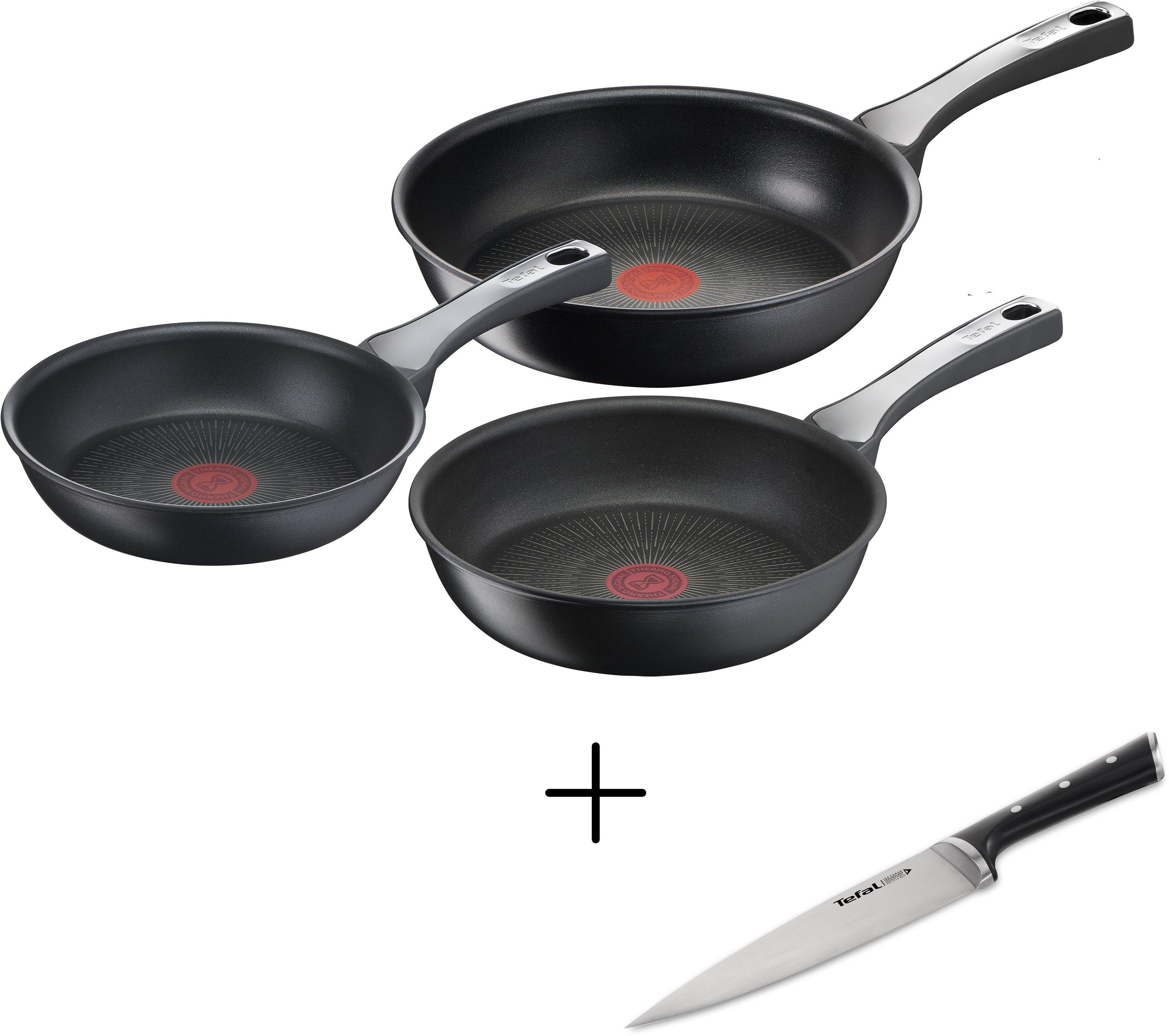 Tefal Pfannen-Set Unlimited 20/24/28 20 cm, On + Unlimited 20/24/28cm, 4-tlg., Induktion + cm und Bratpfannen Force (Set, Ice Kochmesser Ice Kochmesser, Antihaft-Pfannen Kochmesser), Set: Force On Aluminium