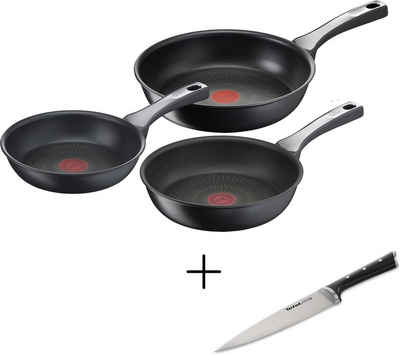 Tefal Pfannen-Set Unlimited On + Ice Force Kochmesser, Aluminium (Set, 4-tlg., je 1 Bratpfanne Ø 20/24/28 cm, H: 5/6/6,5 cm), Antihaft-Pfannen, inkl. Kochmesser 20 cm, Induktion