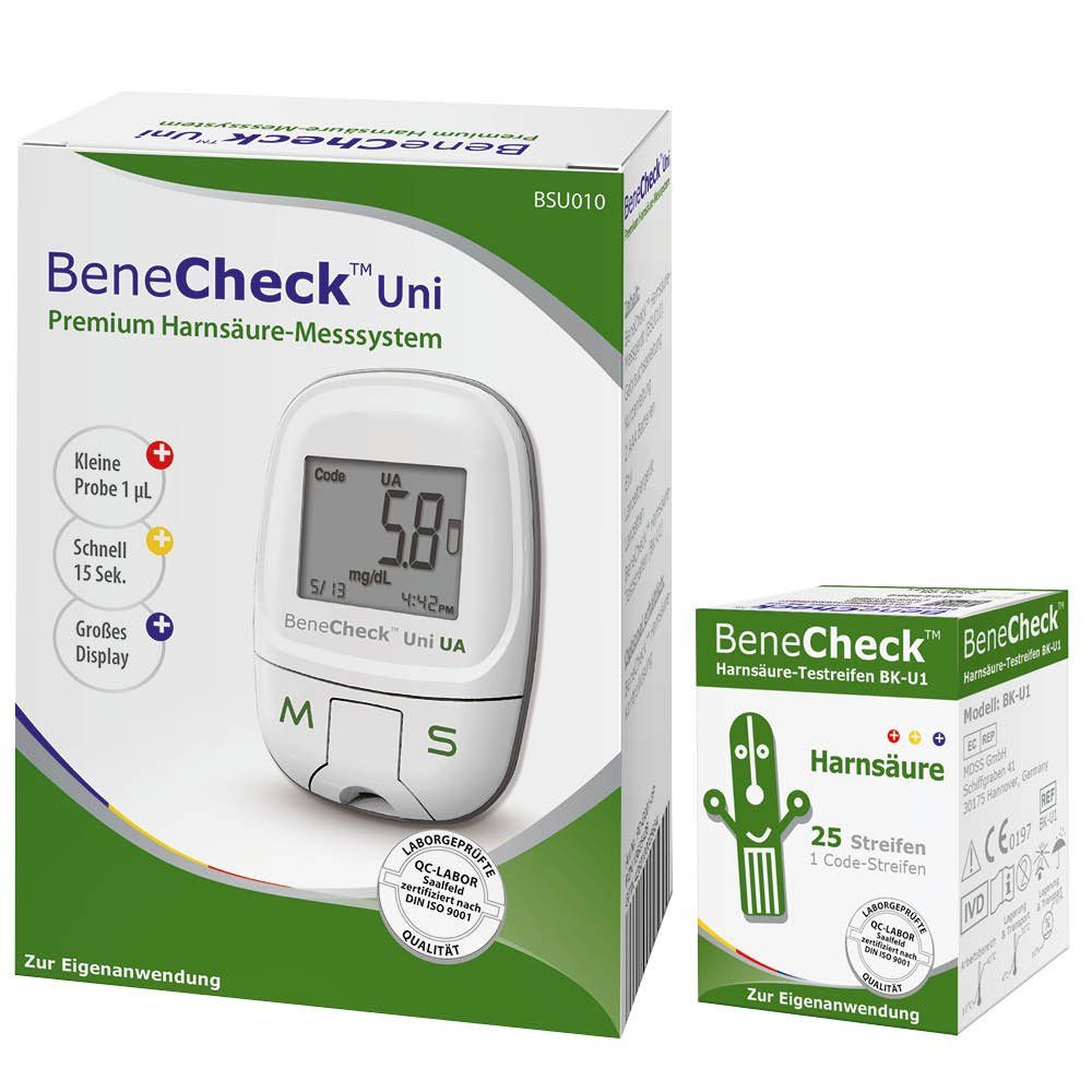 BeneCheck Harnsäure-Messgerät Premium, Harnsäuremessgerät komplettset, Ink. 35 Tetsteifen, 10 Lanzetten und Lanzettiergerät, Gicht Behandlung