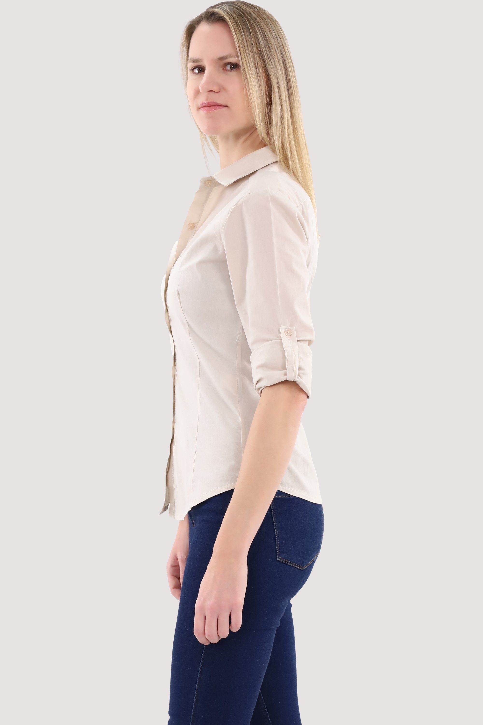 fashion Blusenshirt than Slim malito mit more 3/4 Krempelärmeln beige Fit Hemdbluse 8030