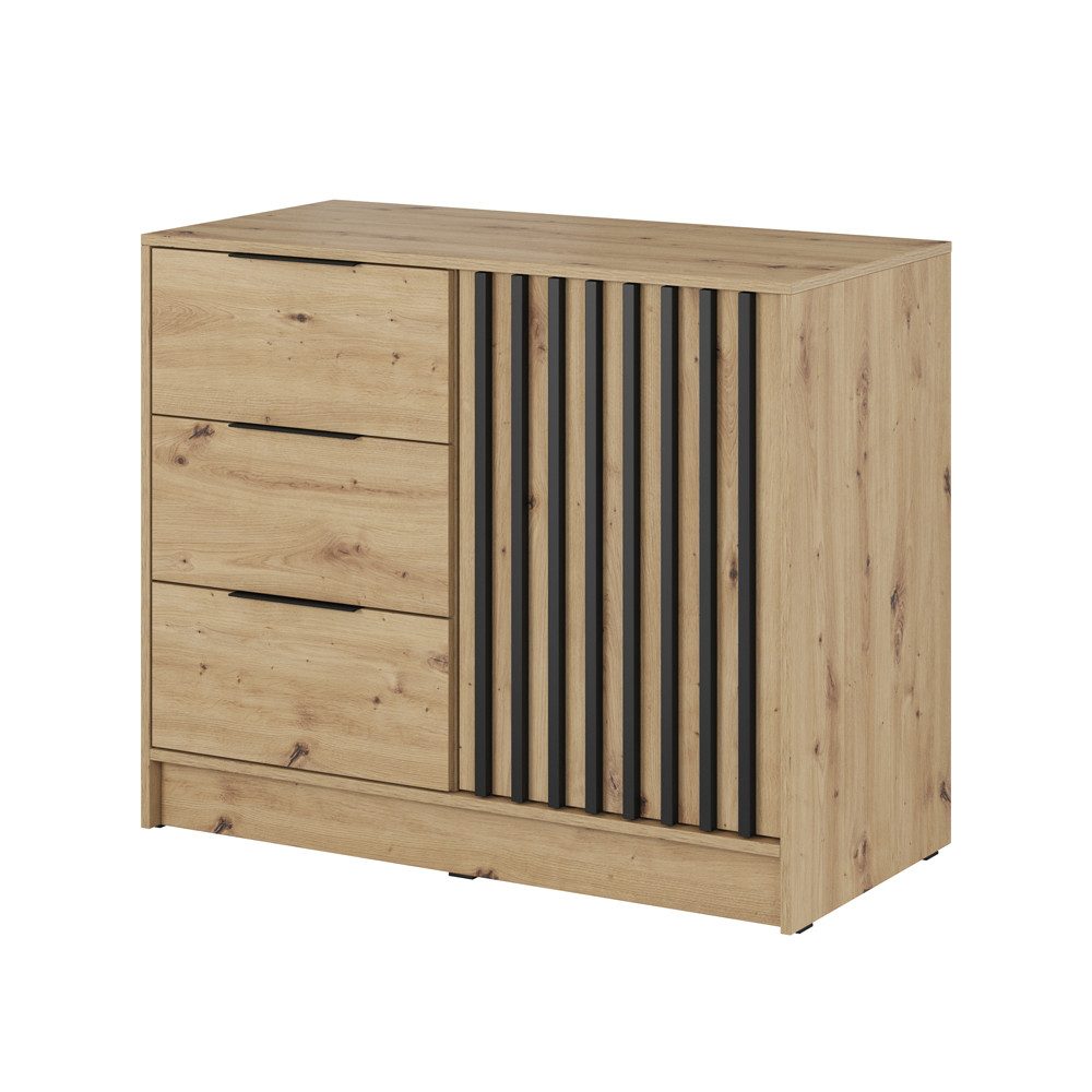 Lomadox Kommode NAMUR-160, in Eiche, 105 cm breit, mit schwarzen Lamellen