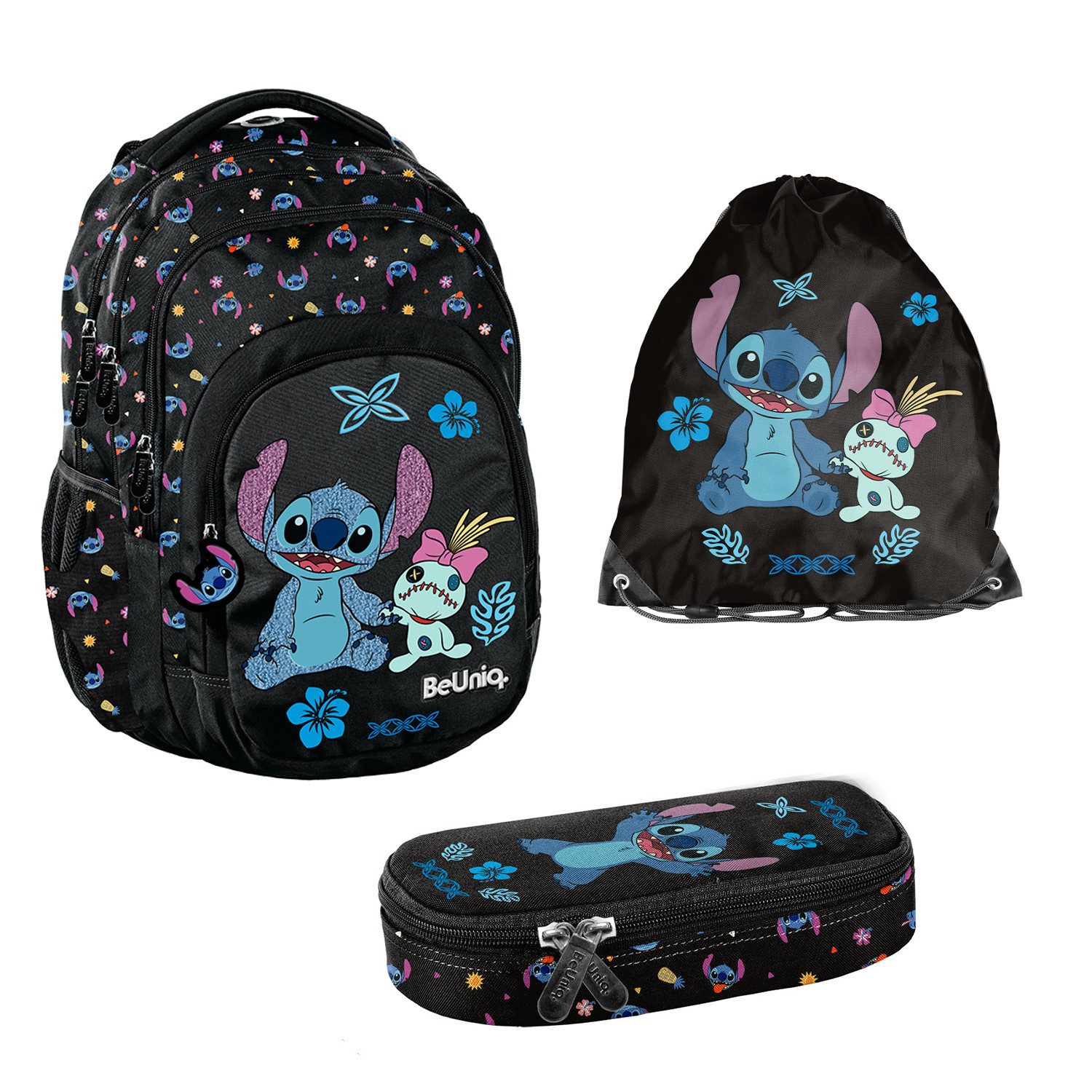 PASO Schulrucksack BeUniq Stitch Schulset: Rucksack, Federmäppchen, Tasche (3-tlg), Rucksack mit drei Fächern, Laptopfach und verstärkter Unterseite