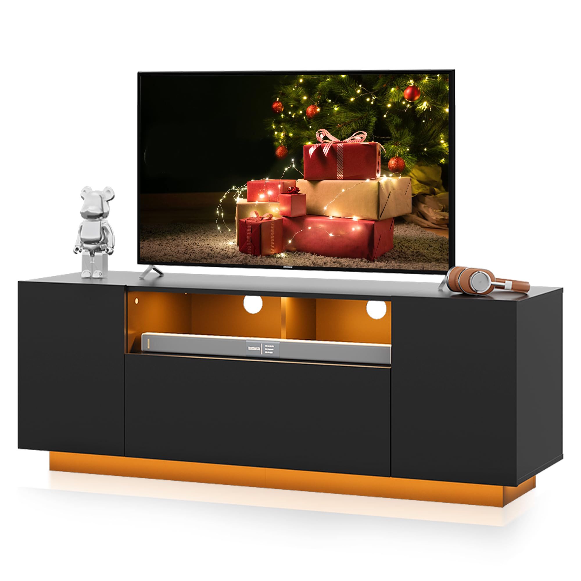 WLIVE TV-Schrank Modernes hängendes TV-Lowboard mit LED-Beleuchtung, 122 x 36 x 45 cm (TV Board mit Schränken und 2 Freiflächen, großer Stauraum) Fernsehtisch mit Klapptür, Schwarz