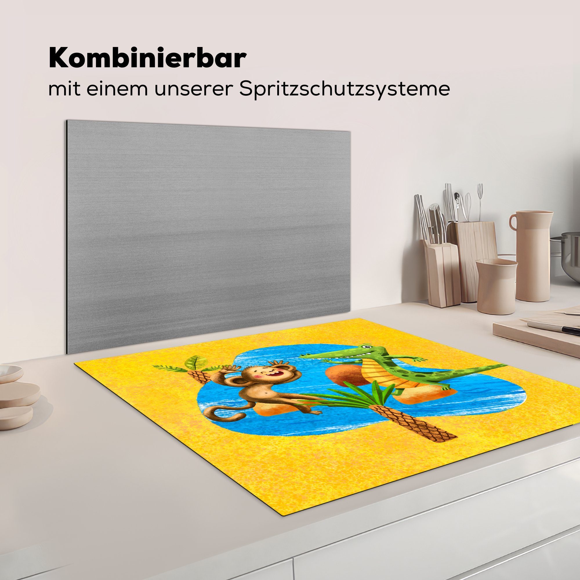 (1 Krokodil Herdblende-/Abdeckplatte - küche für tlg), 78x78 Vinyl, Affe Wasser, cm, - Arbeitsplatte MuchoWow - Dschungel Ceranfeldabdeckung,