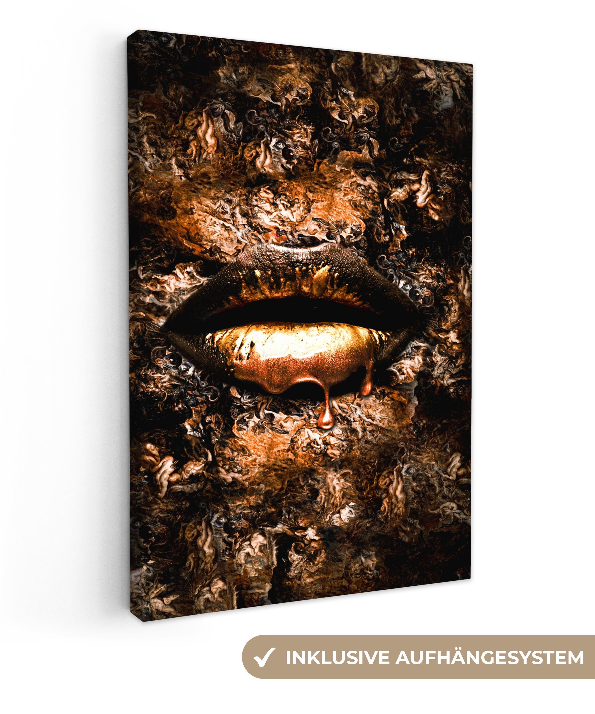 OneMillionCanvasses® Leinwandbild Frau - Farbe Gemälde, cm 20x30 St), (1 inkl. - bespannt Zackenaufhänger, Leinwandbild Lippen, fertig