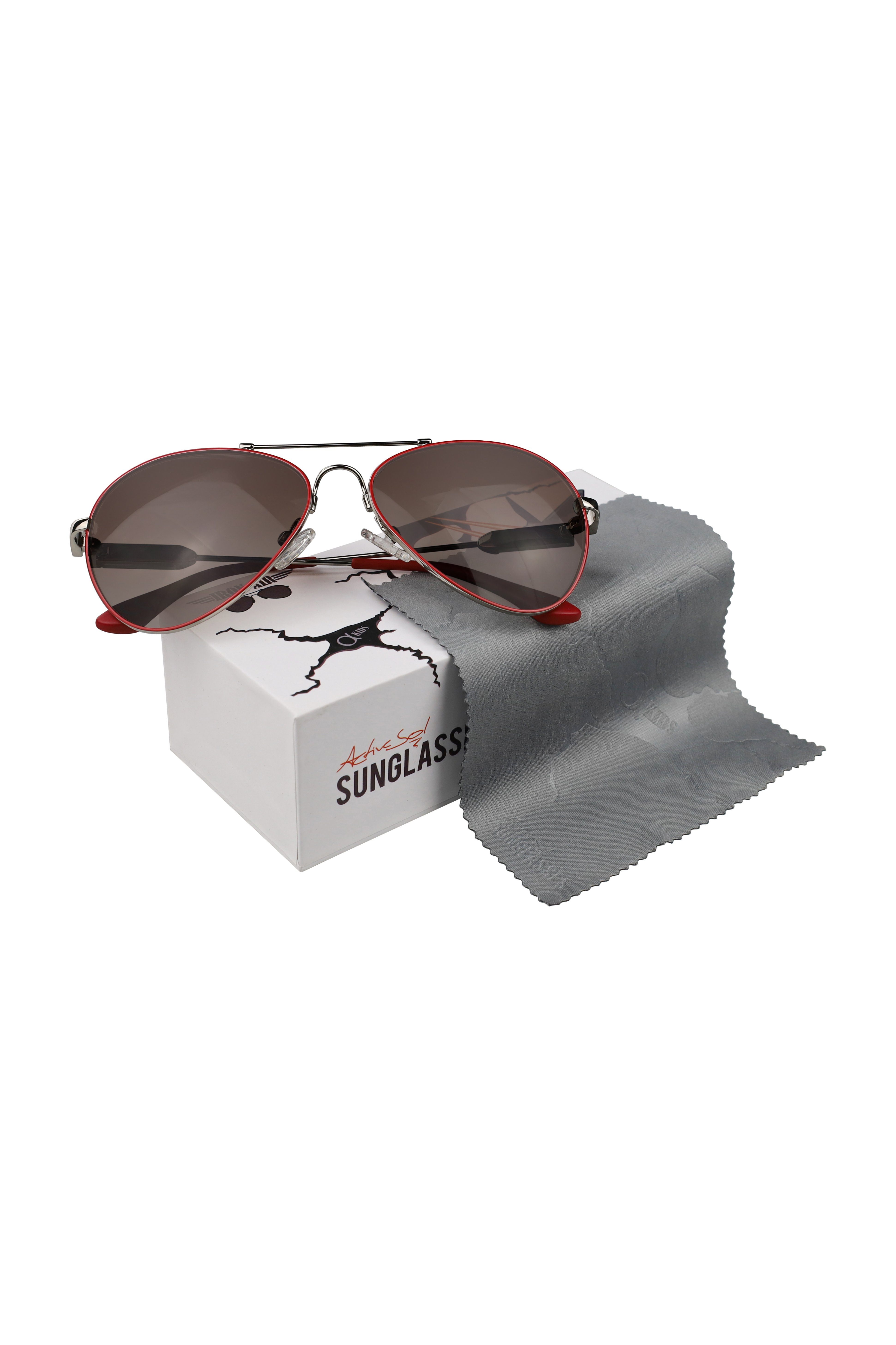 Schiebeschachtel) - Jahre, Metall ActiveSol Flieger-Brille Braune Sonnenbrille Pilotenbrille für Metall Bügel Kinder, (inklusive SUNGLASSES Rot Memory 10 - und 6 Gläser mit im Brillenputztuch Nasenbügel