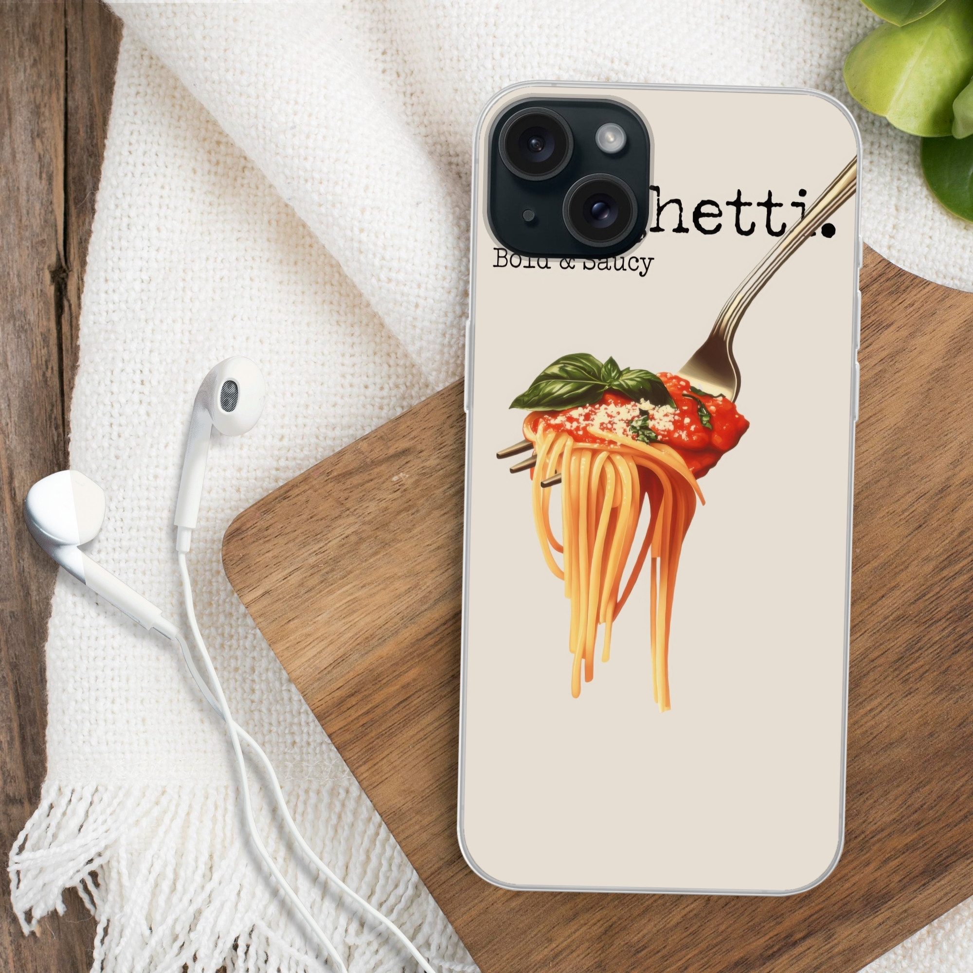 MuchoWow Handyhülle für Apple iPhone 15 Plus Spaghetti - Tomatensauce - Parmesankäse, Smartphone-Bumper, Print, Handy Schutzhülle Dünn