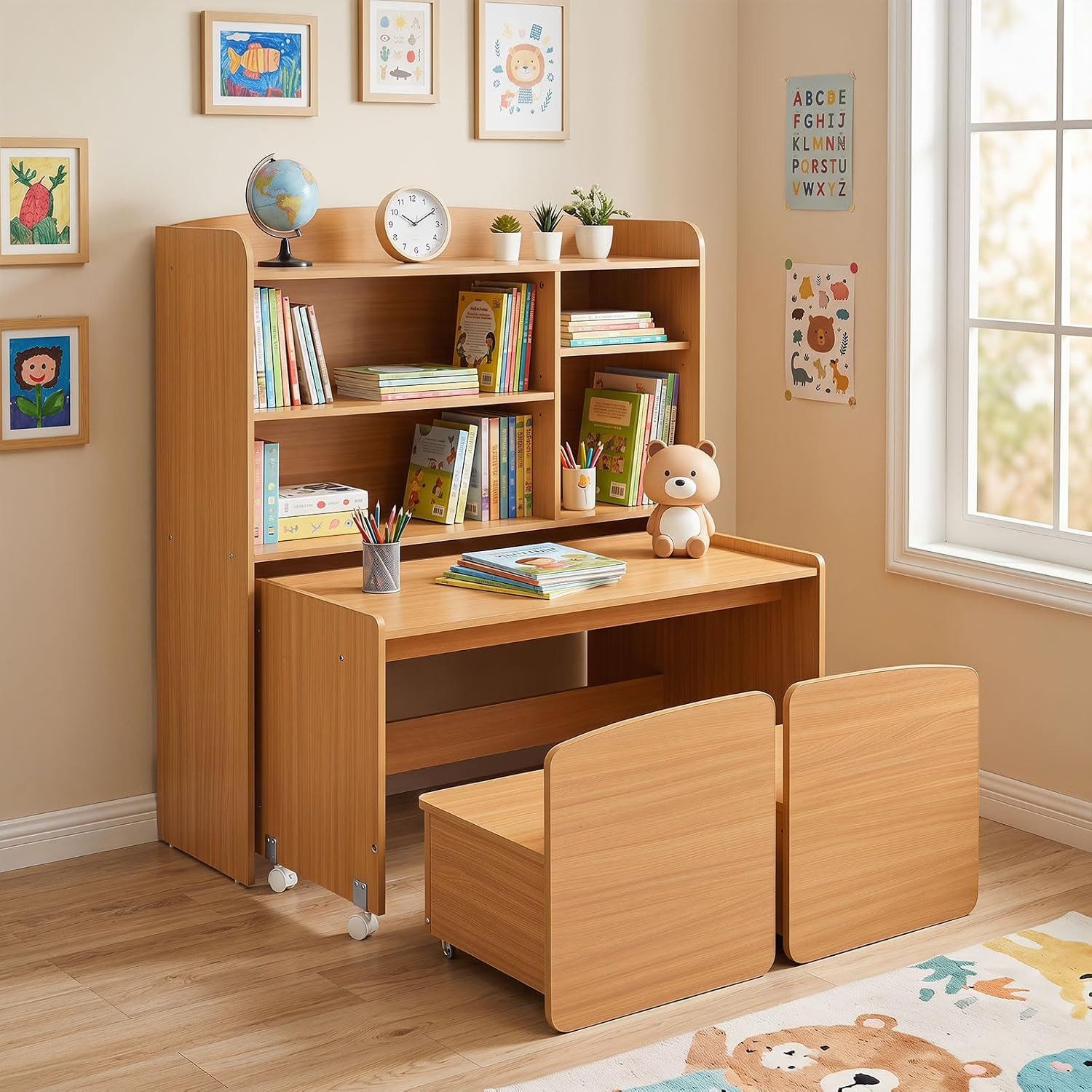 COSTWAY Kindertisch (4-St), 3 in 1 Kinderregal mit Tisch auf Rollen, 2 Stuhl