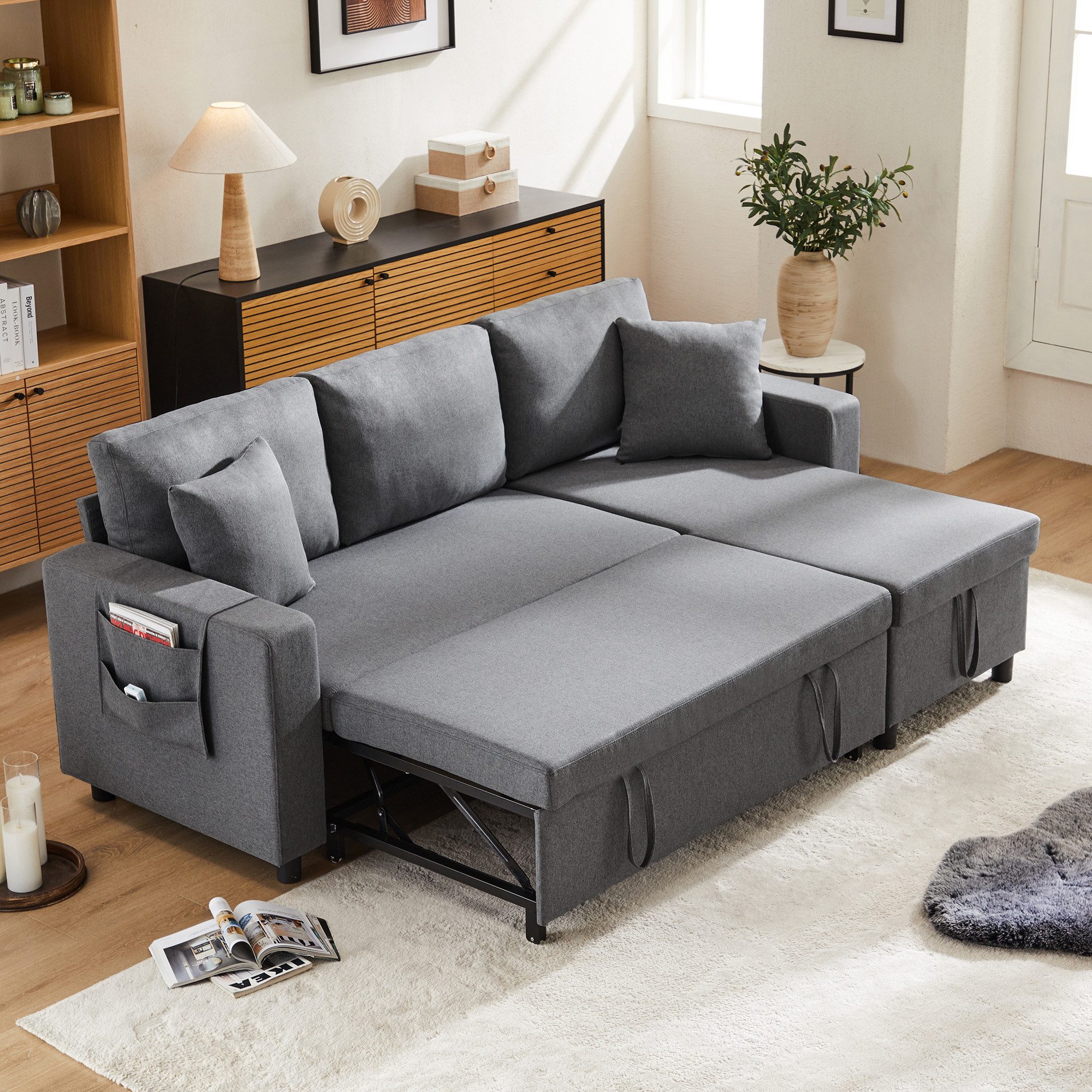 OKWISH Schlafsofa L-förmiges Sofa mit Stauraum, Set, mit Taschenaufbewahrung, links und rechts austauschbare Chaiselongue