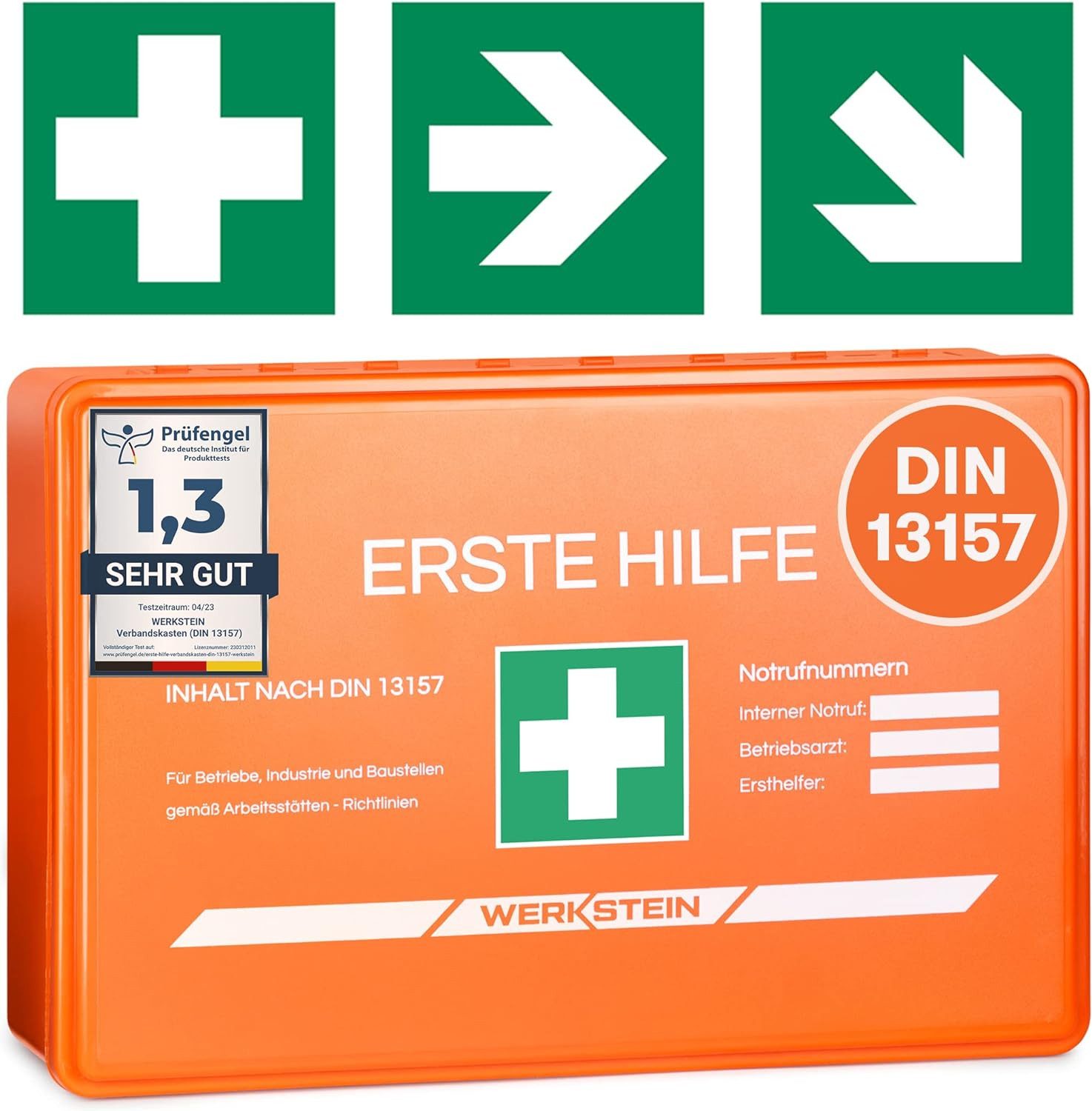 Werkstein Erste-Hilfe-Koffer DIN 13157:2021 Small - Inkl. praktischer Wandhalterung, 3x Aufkleber, (Gesichtsmasken & Feuchttücher - Verbandskasten DIN 13157 für Betriebe, 1 St), Einrichtungen & Zuhause Orange