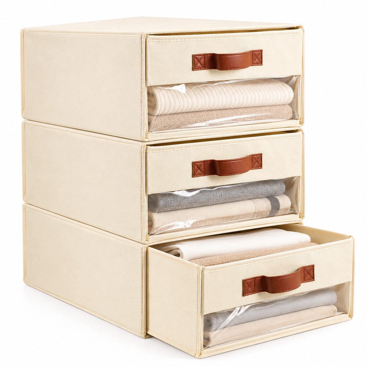 LEMLIT Aufbewahrungskorb 3 Stück Schubladen Kleiderschrank Organizer Faltboxen mit Fenster (3 Stück, 3 St., 40 cm x 32 cm x 17 cm), faltbar und stapelbar, mit Sichtfenster für Kleiderschrank