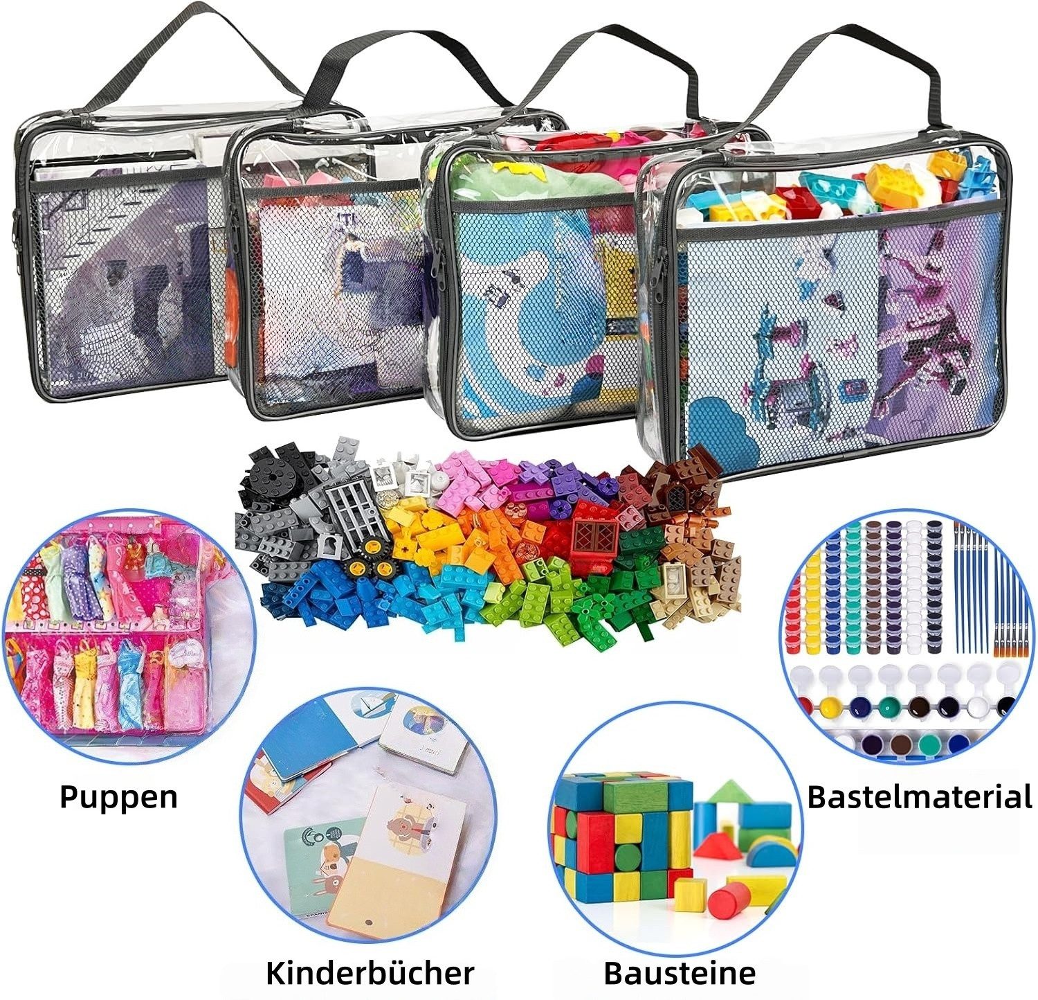 FOUORTUNATE-BEE Strandtasche 4 PVC-Aufbewahrungstaschen mit Reißverschluss für Bade- und Spielzeug (4-tlg), 4 Netz-Aufbewahrungstaschen für Puzzle, Bausteine und Badespielzeug