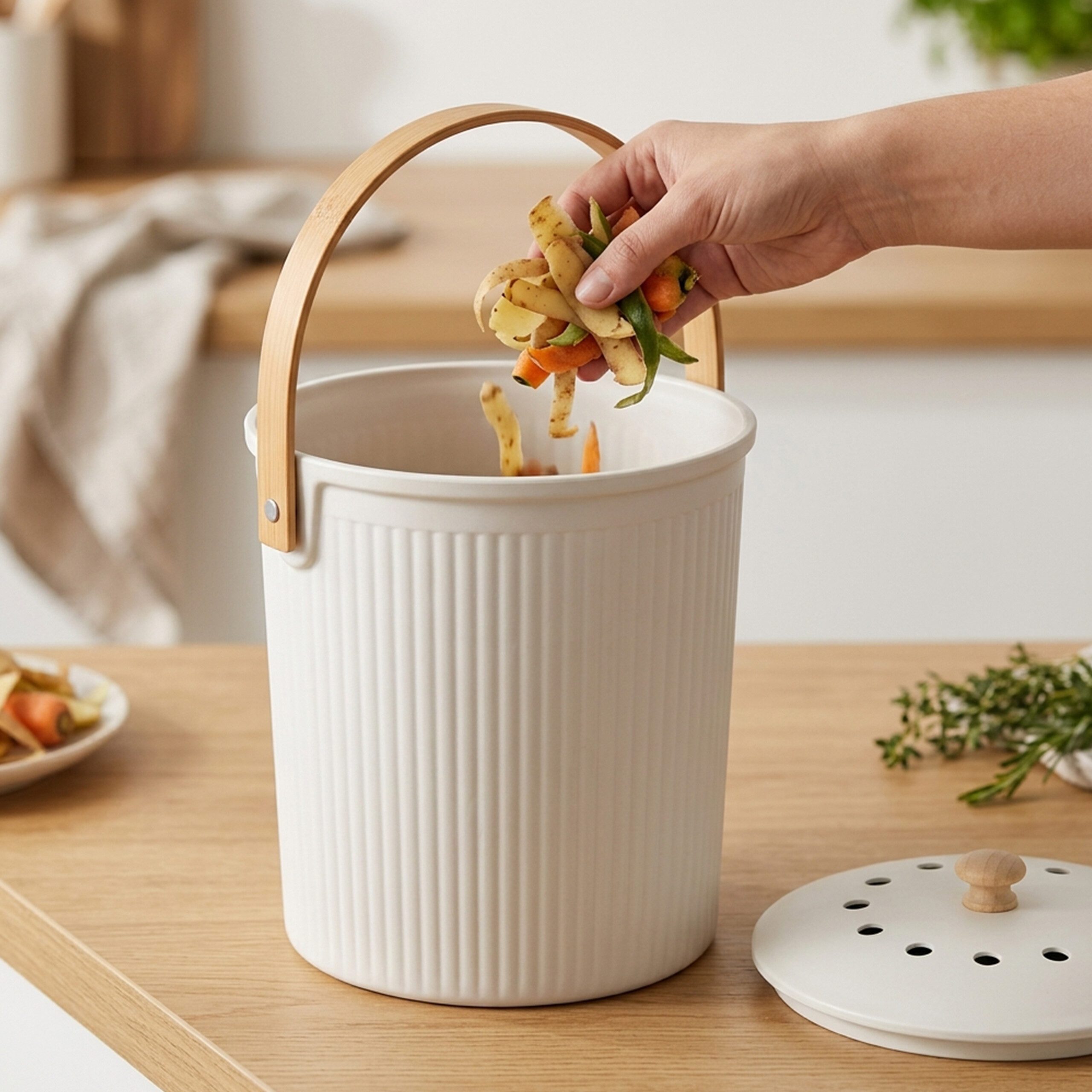 relaxdays Biomülleimer Runder Komposteimer Küche 5,6 Liter, weiß