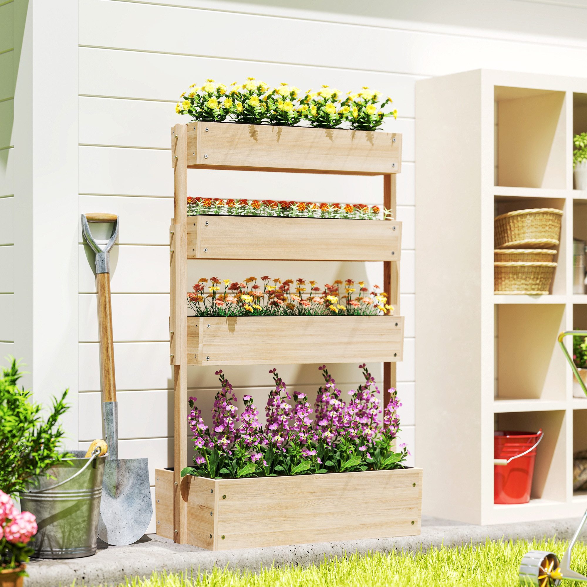 Outsunny Hochbeet mit Entwässerungslöcher (4 Ebene Pflanzbeet, 1 St., Frühbeet aus Holz), für Blumen, Растения,Obst, Gemüse, 88,5 x 45 x 140 cm