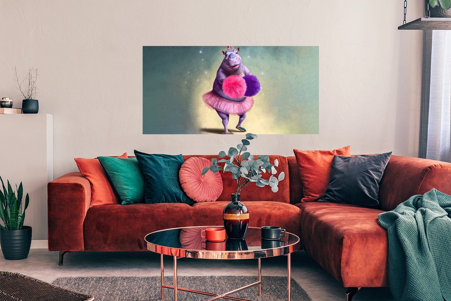 MuchoWow Poster Nilpferd - Blumen - Ballerina - Pompons - Porträt - Kinder, (1 St), Bild für Wohnzimmer, Schlafzimmer, Wandposter, Ohne Rahmen, Wanddeko