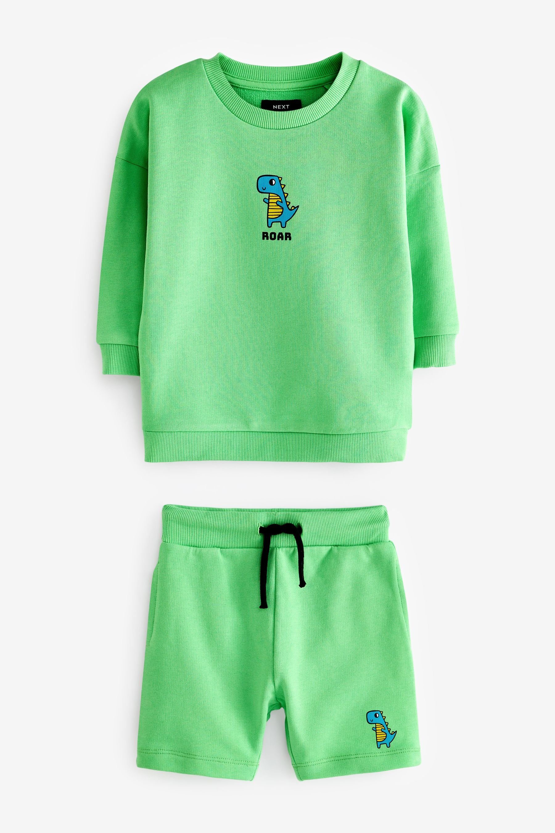 Next Sweatanzug Rundhalssweatshirt Set Dino im und Shorts (2-tlg) Green mit Figur Bright