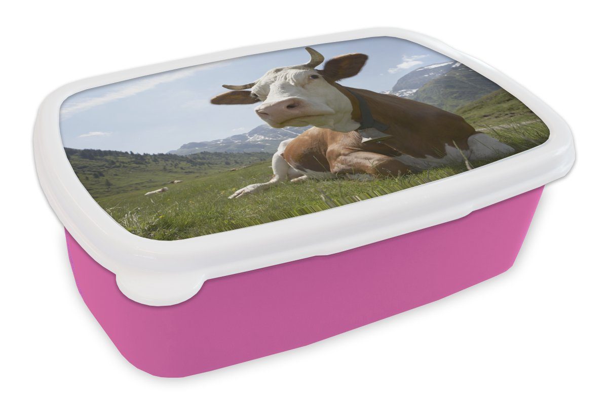 für Kunststoff - Brotbox rosa Mädchen, Snackbox, Berg Kunststoff, - Brotdose Lunchbox Erwachsene, MuchoWow Kuh Kinder, Gras, (2-tlg),
